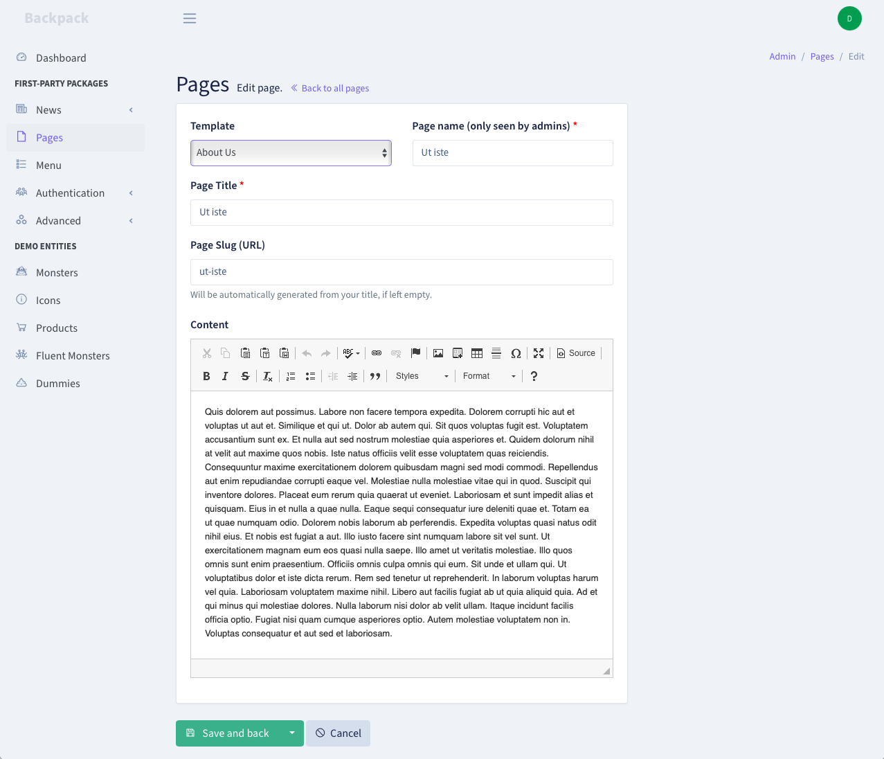 Backpack PageManager edit page