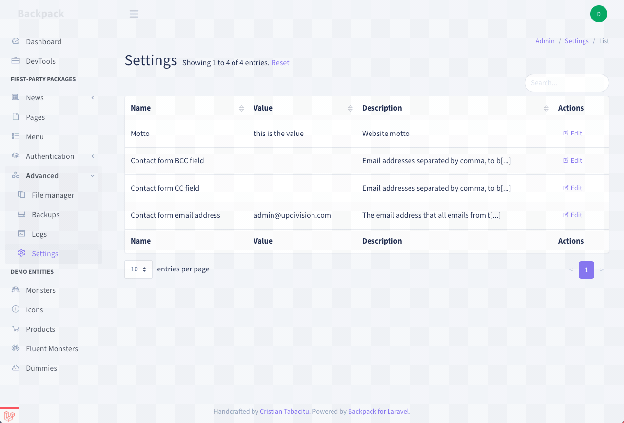 List / table view in Backpack/Settings