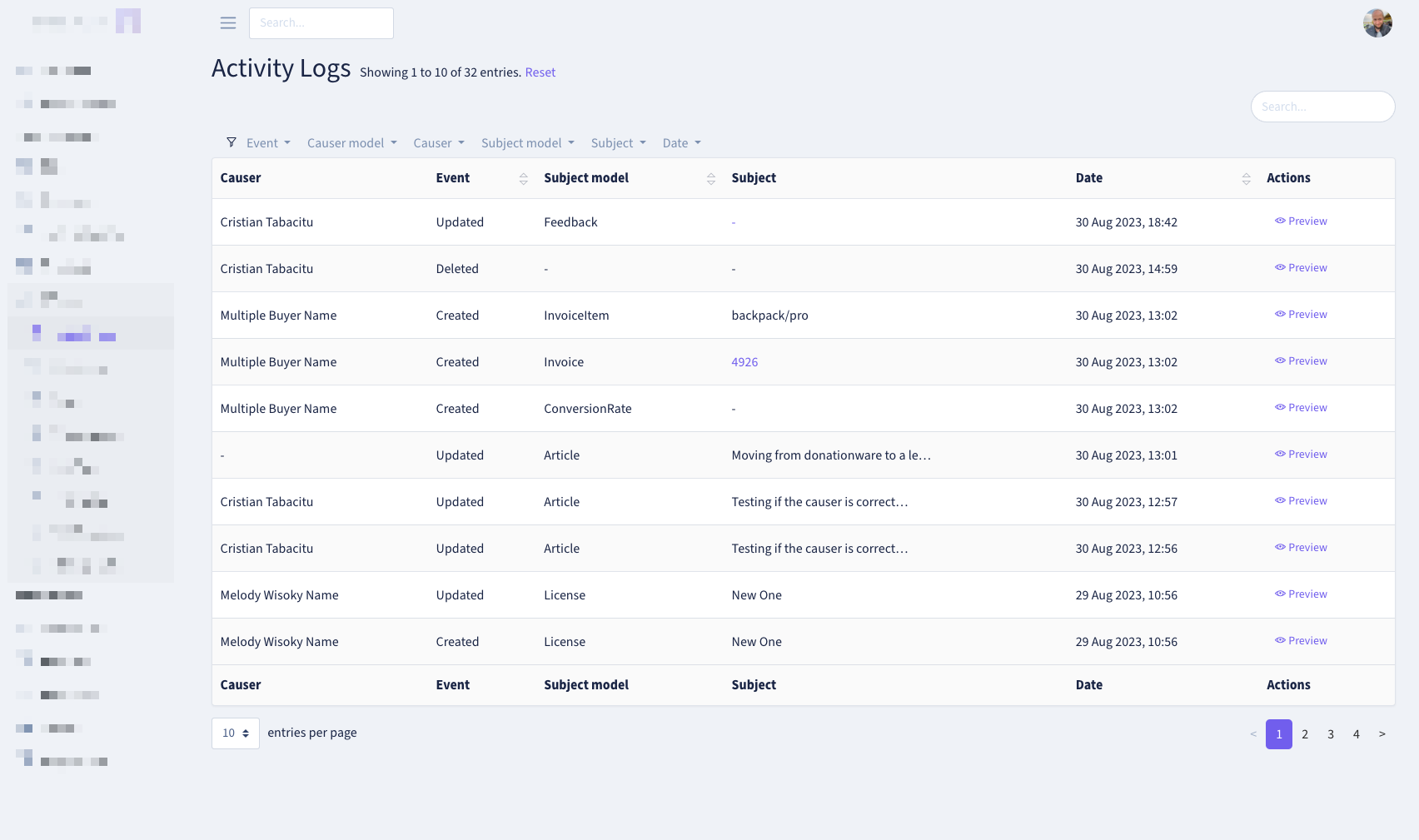 Backpack ActivityLog list view