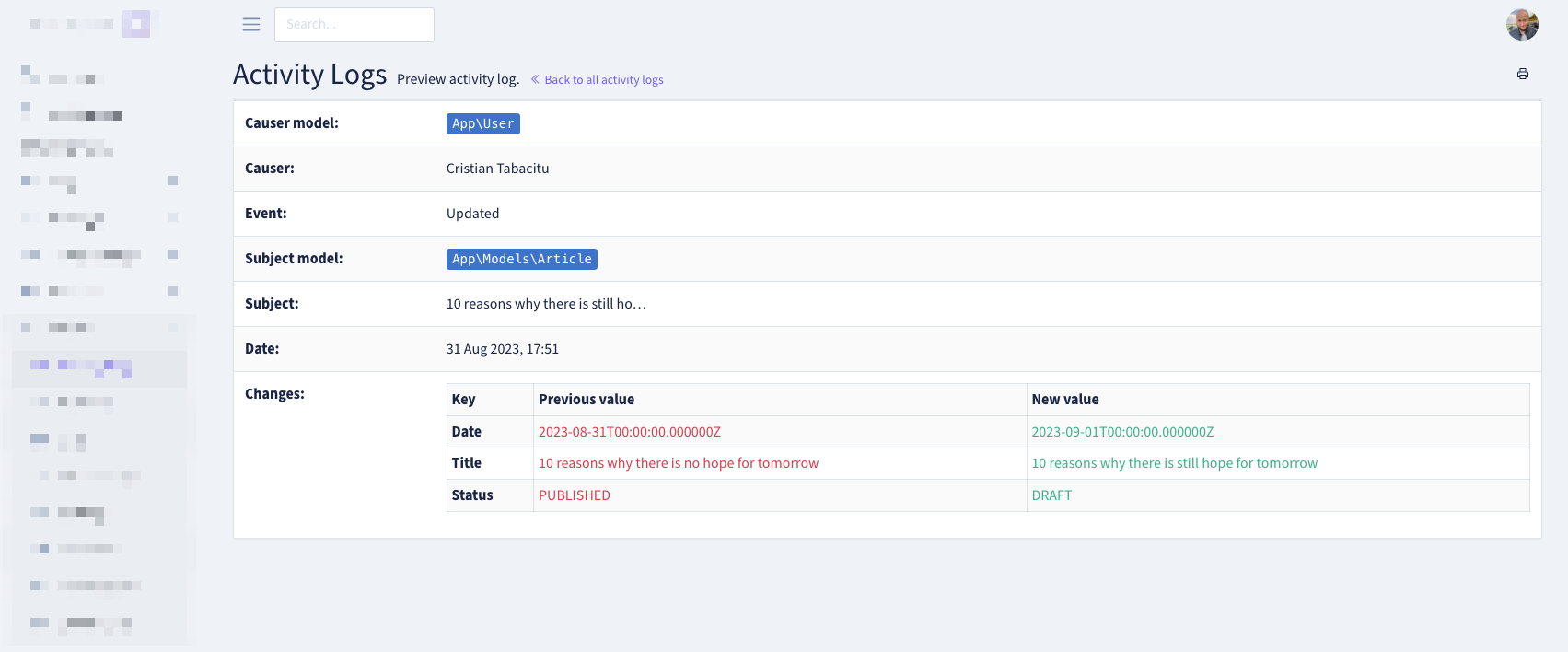 Backpack ActivityLog show view