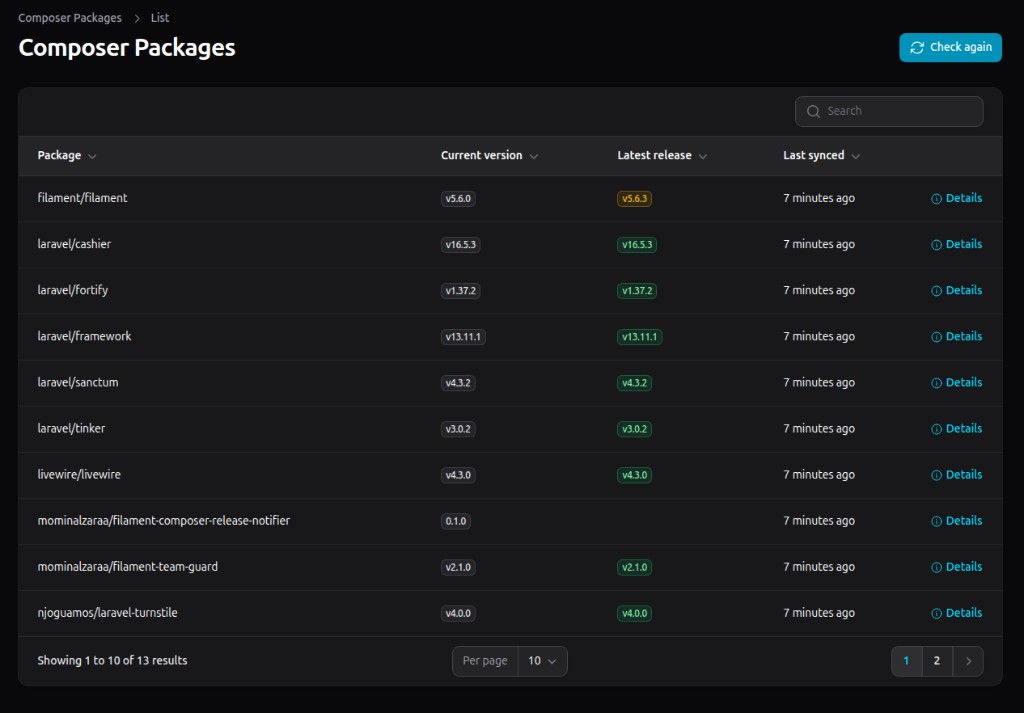 Filament Composer Packages resource with Check again and version badges