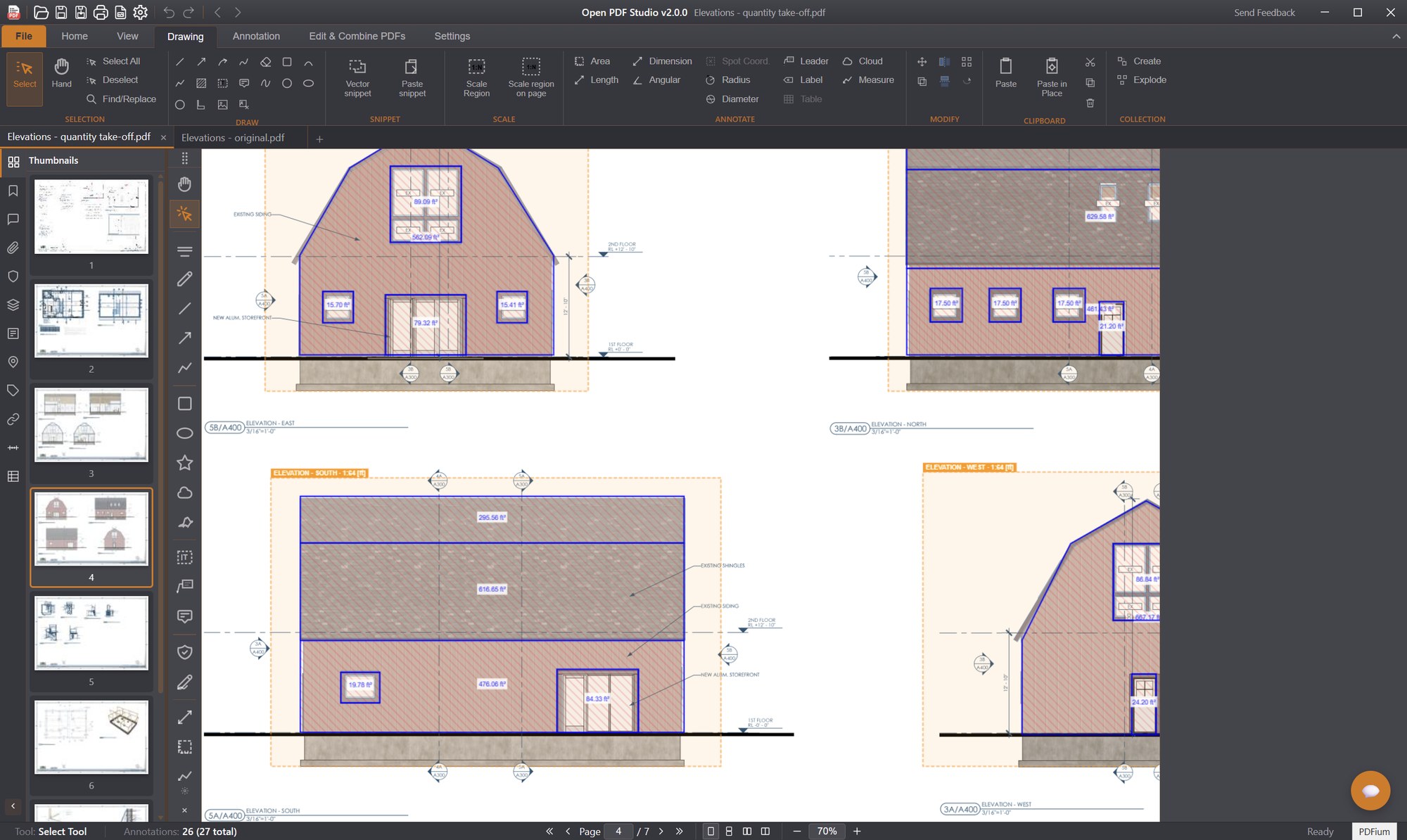 CAD-style drawing, measurement, and markup tools on an architectural elevation