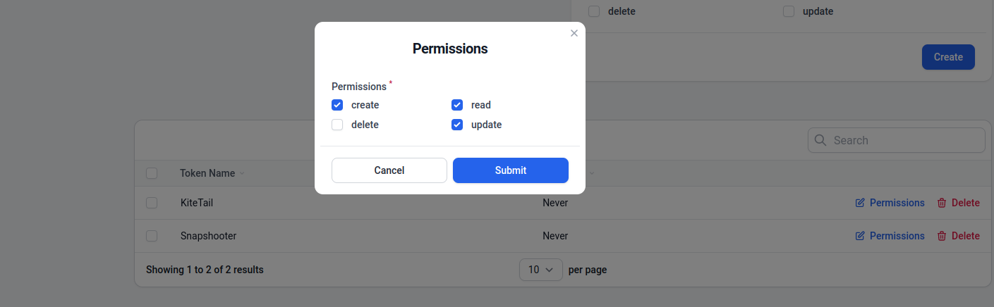 Filament Jet api token permissions art