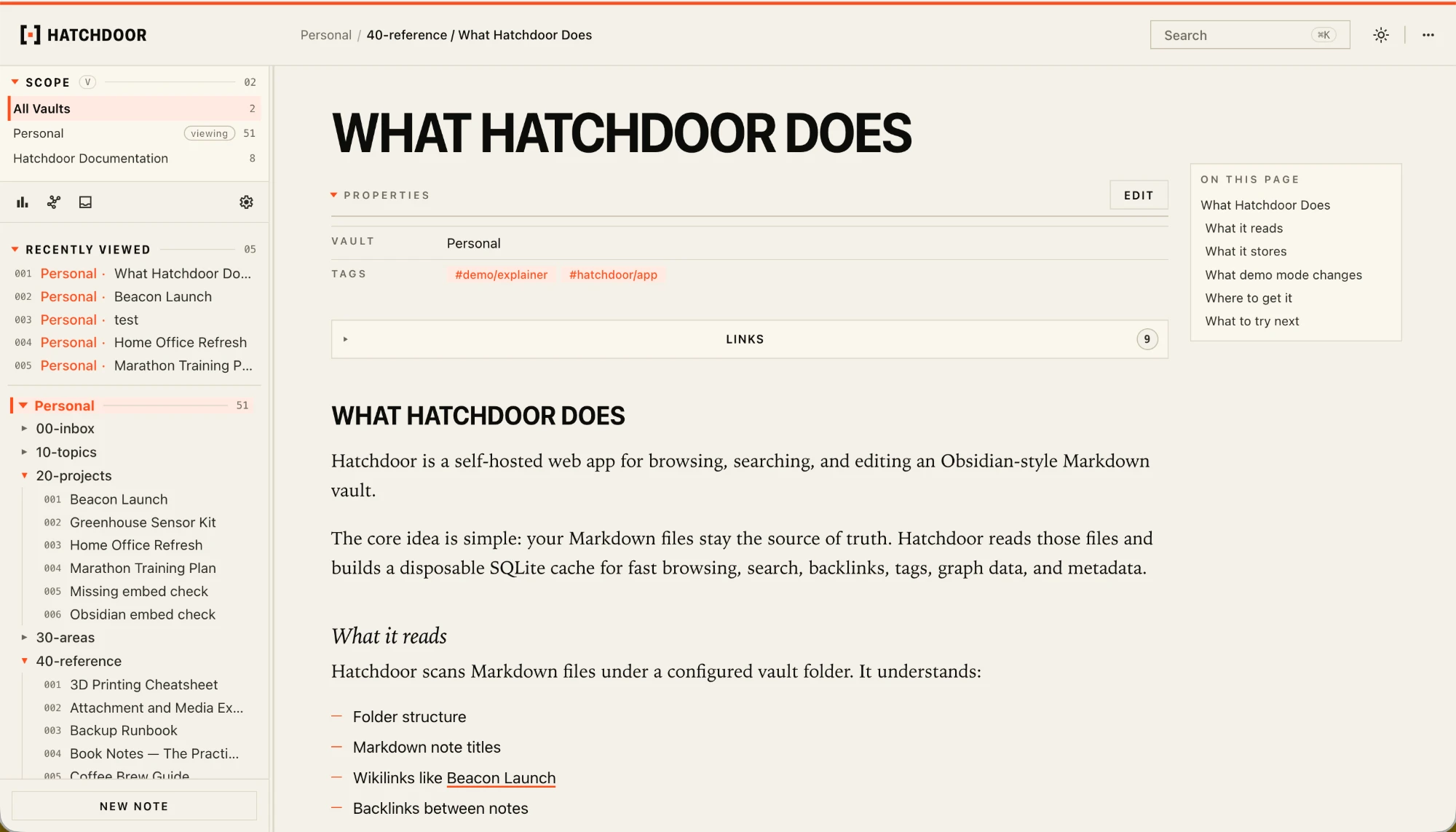 Hatchdoor browsing a note: vault explorer on the left, rendered Markdown with wikilinks in the centre, and an on-this-page outline on the right