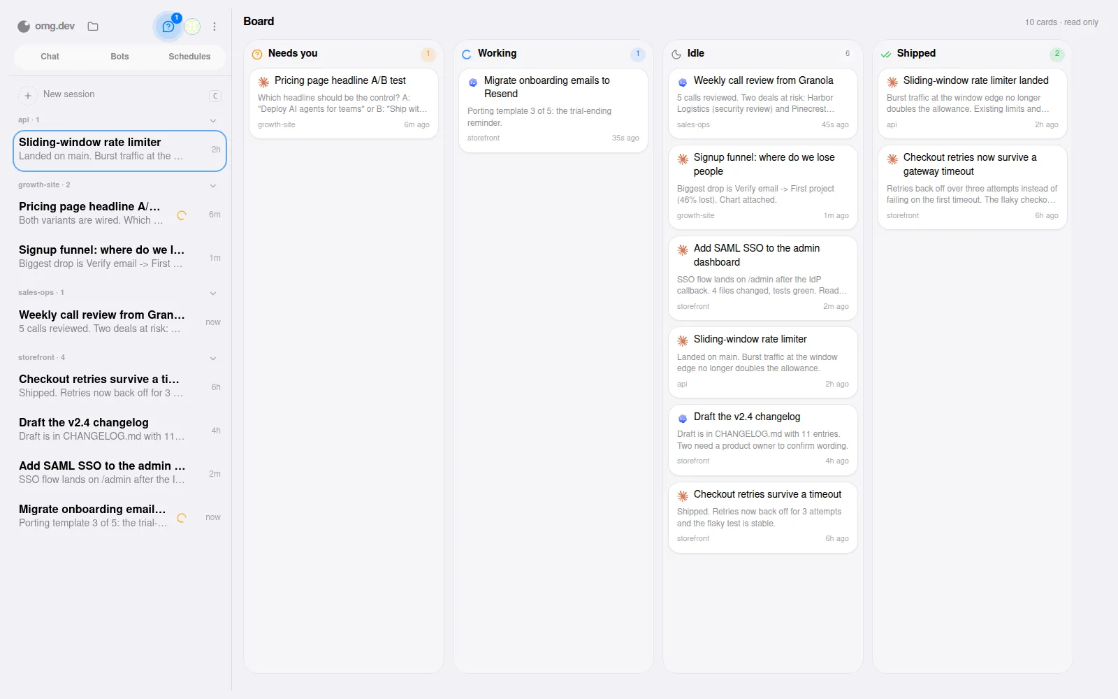 omg.dev Board: Needs you, Working, Idle and Shipped columns of agent sessions