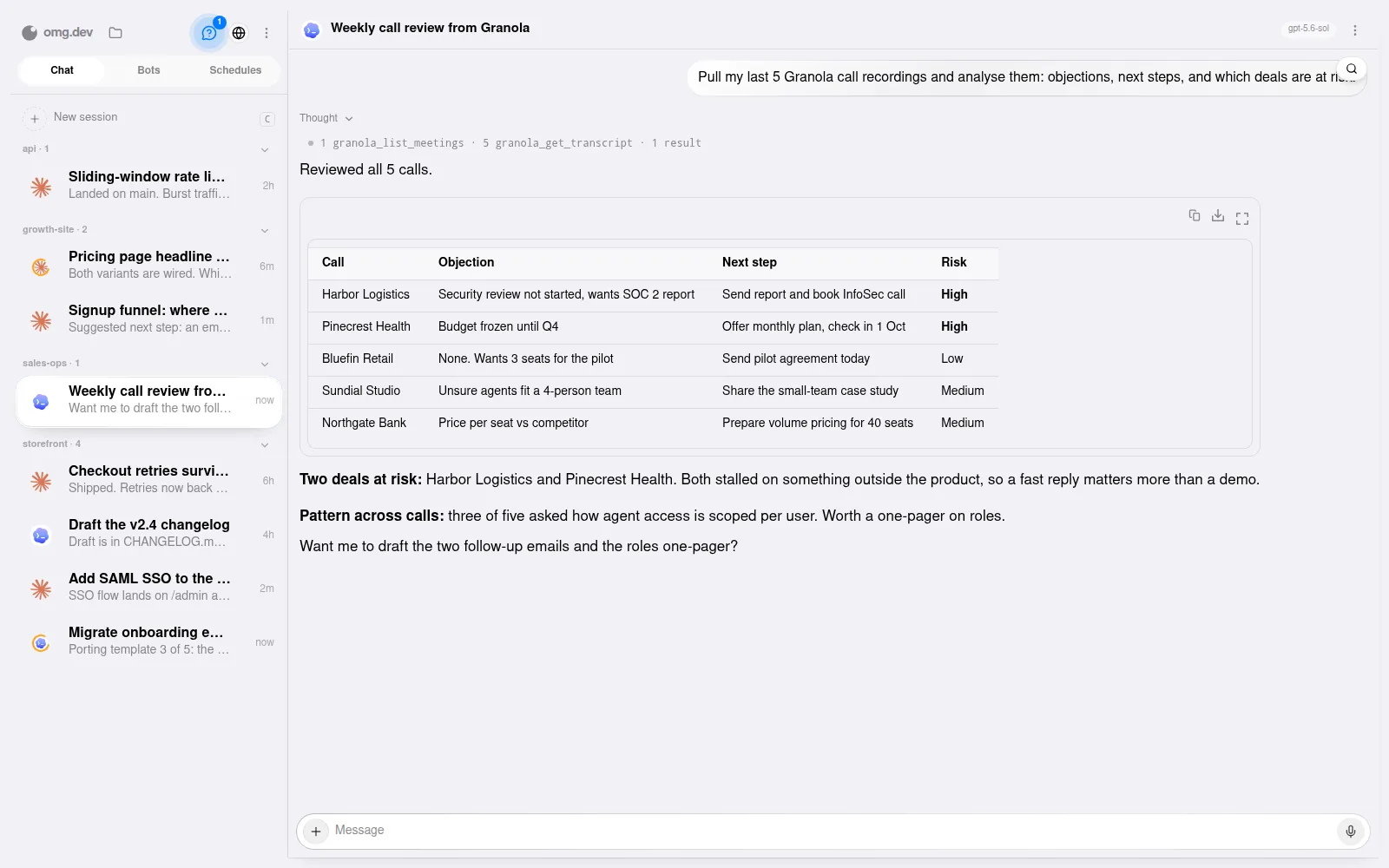 omg.dev chat turning call recordings into objections, risk per deal and follow-ups