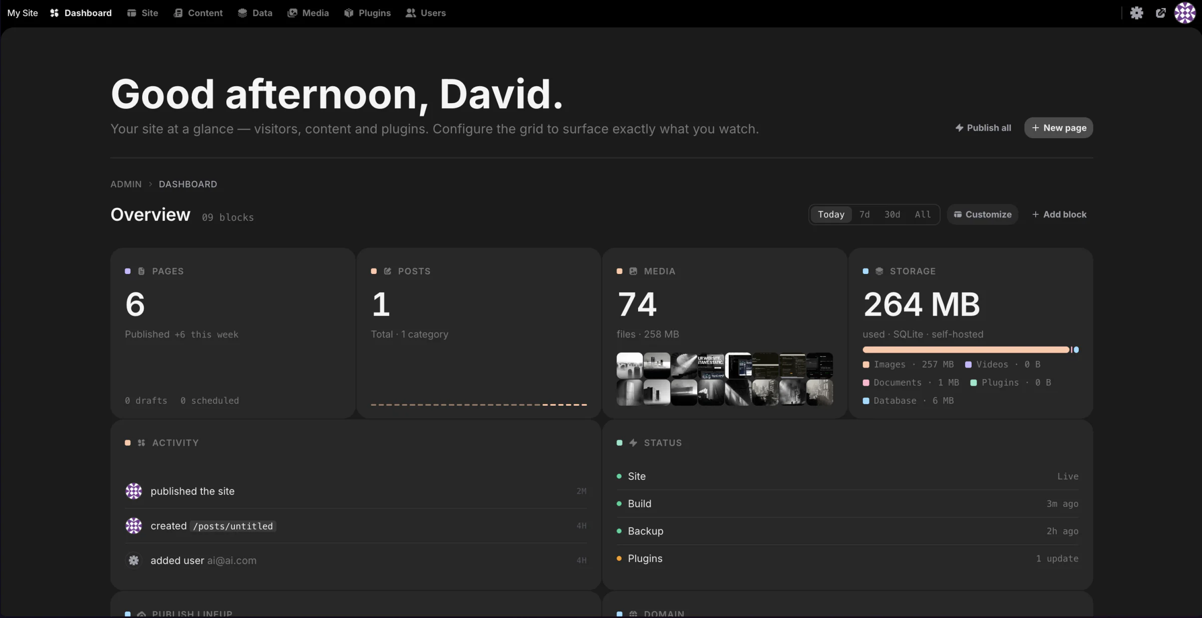 The Instatic dashboard — site stats, activity feed, and status widgets on a customizable grid