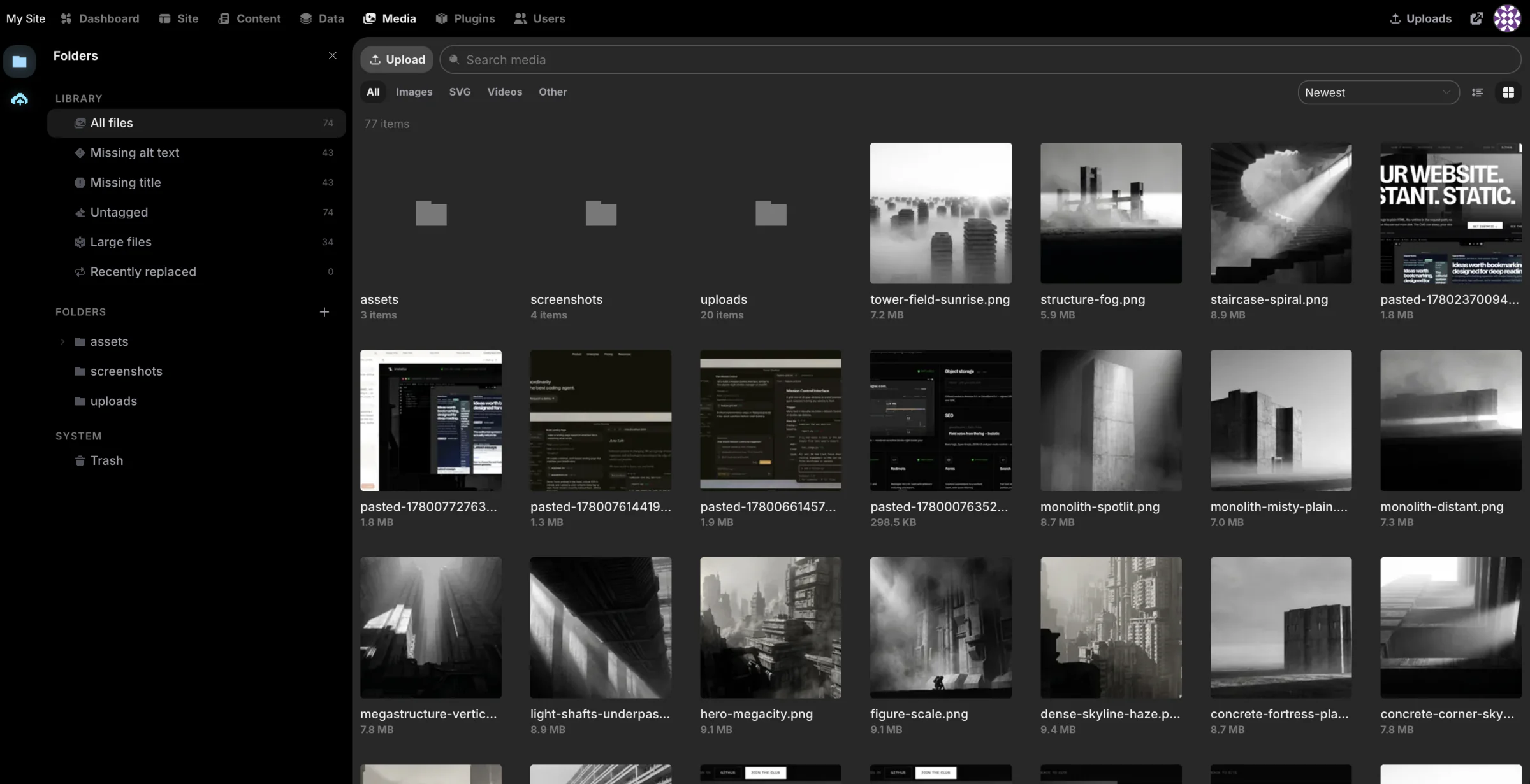 The Media workspace — an OS-style file manager for every asset on the site
