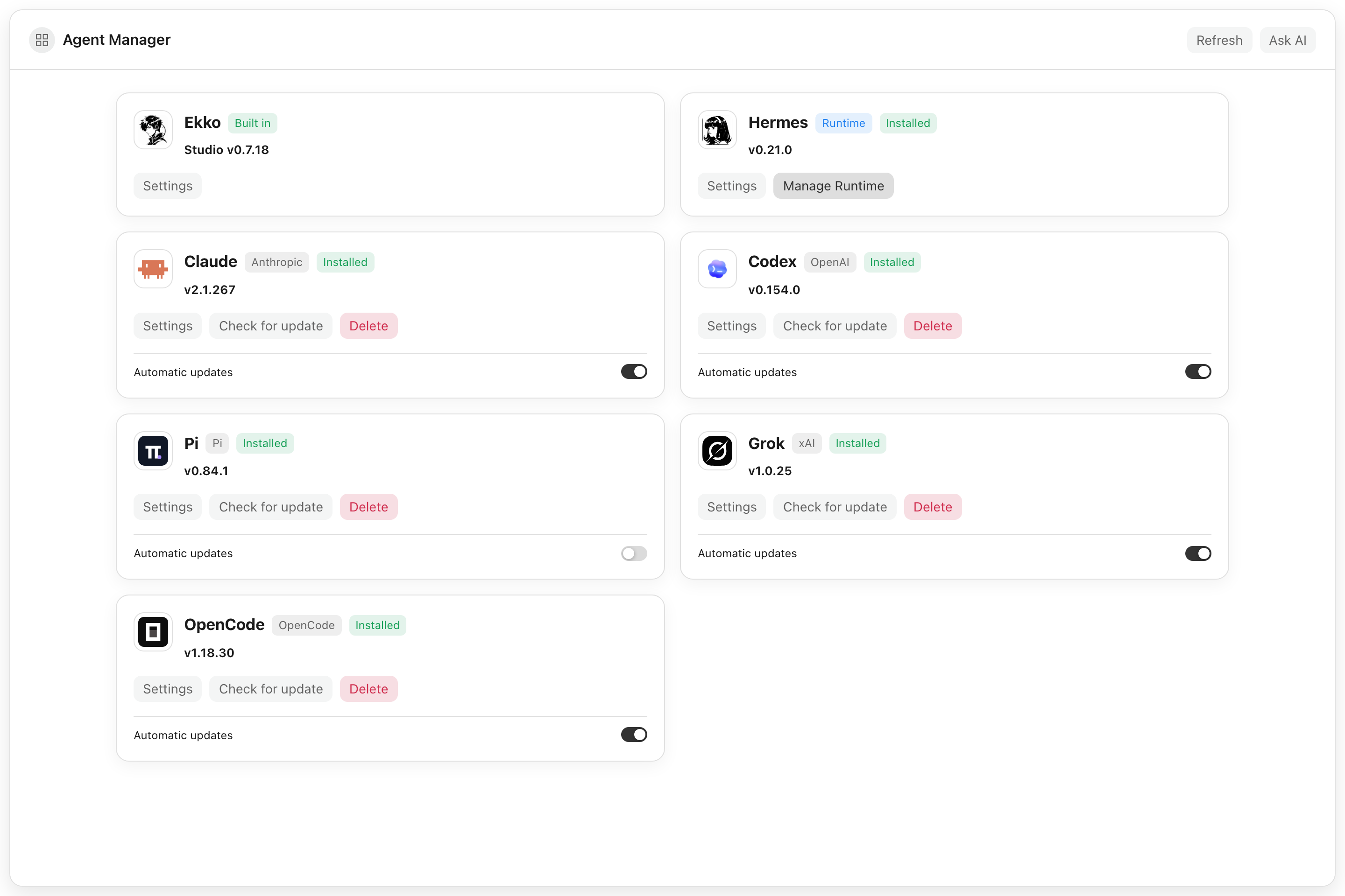 Seven agent runtimes in Agent Manager