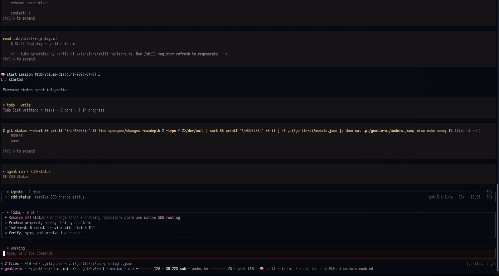 gentle-shell showing an SDD agent task, todo list, changes summary, status bar, and usage footer in Pi