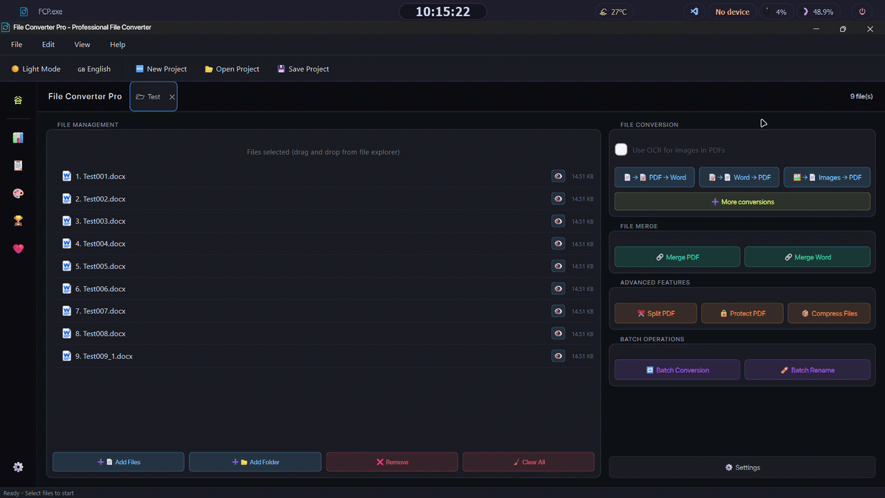 Demo - main window, drag & drop, conversion flow