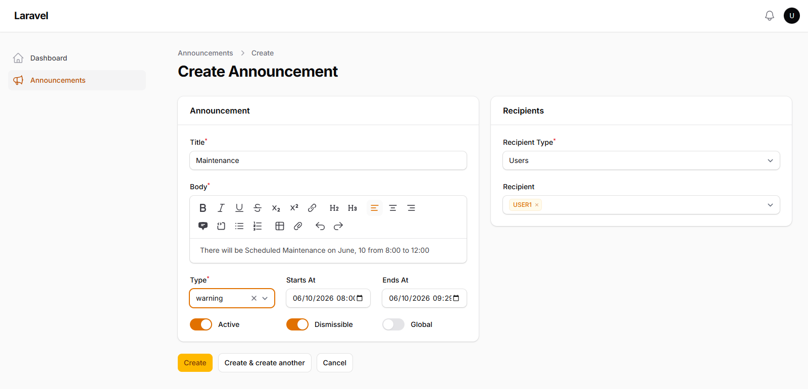 Create Announcement