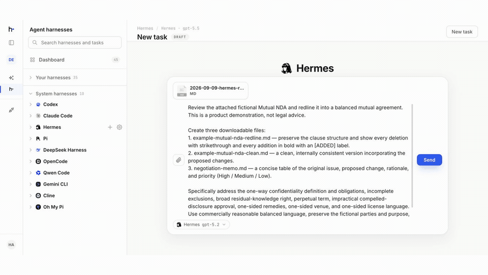 Hermes reviewing a fictional NDA and opening the redlined output