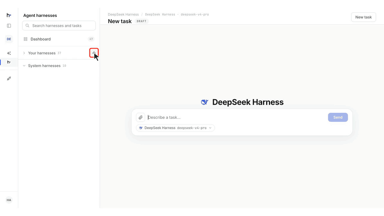 Animated walkthrough of creating and configuring a custom harness, including instructions, tools, and skills.