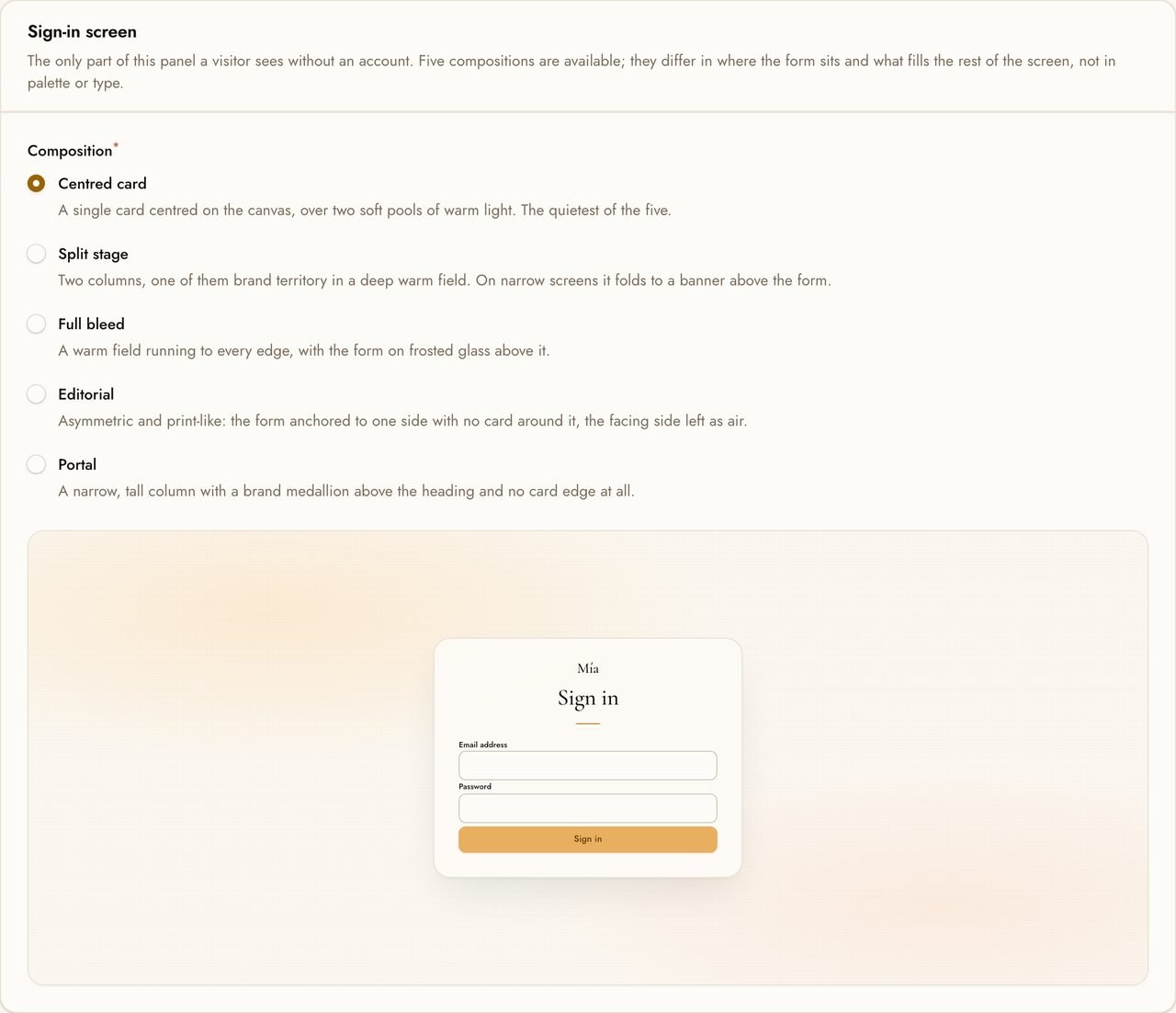 The sign-in section of the appearance page, with the five compositions and a live preview of the selected one