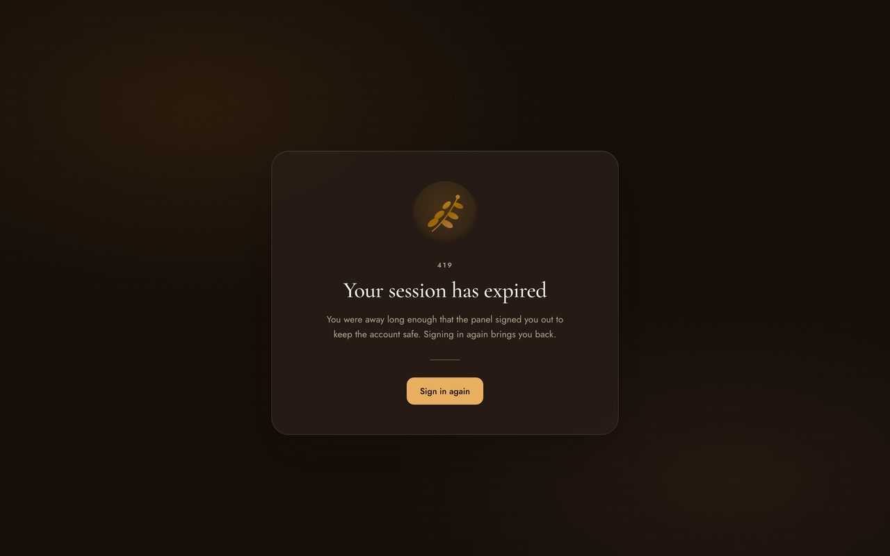 A 419 page in dark mode, reading Your session has expired, with a button labelled Sign in again