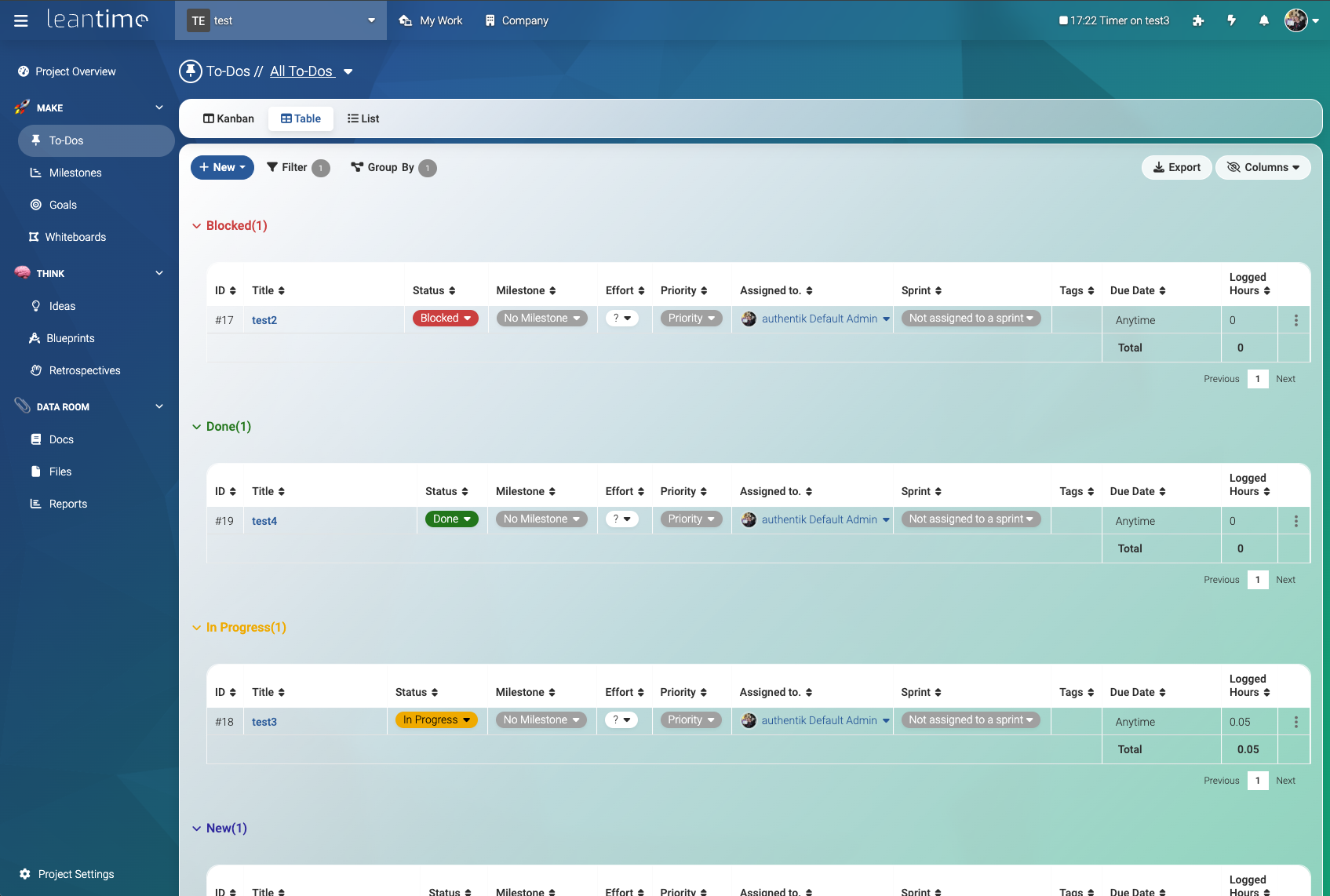 Screenshot of Leantime's todo screen in table format. Tasks are grouped by status where each Status has a different color