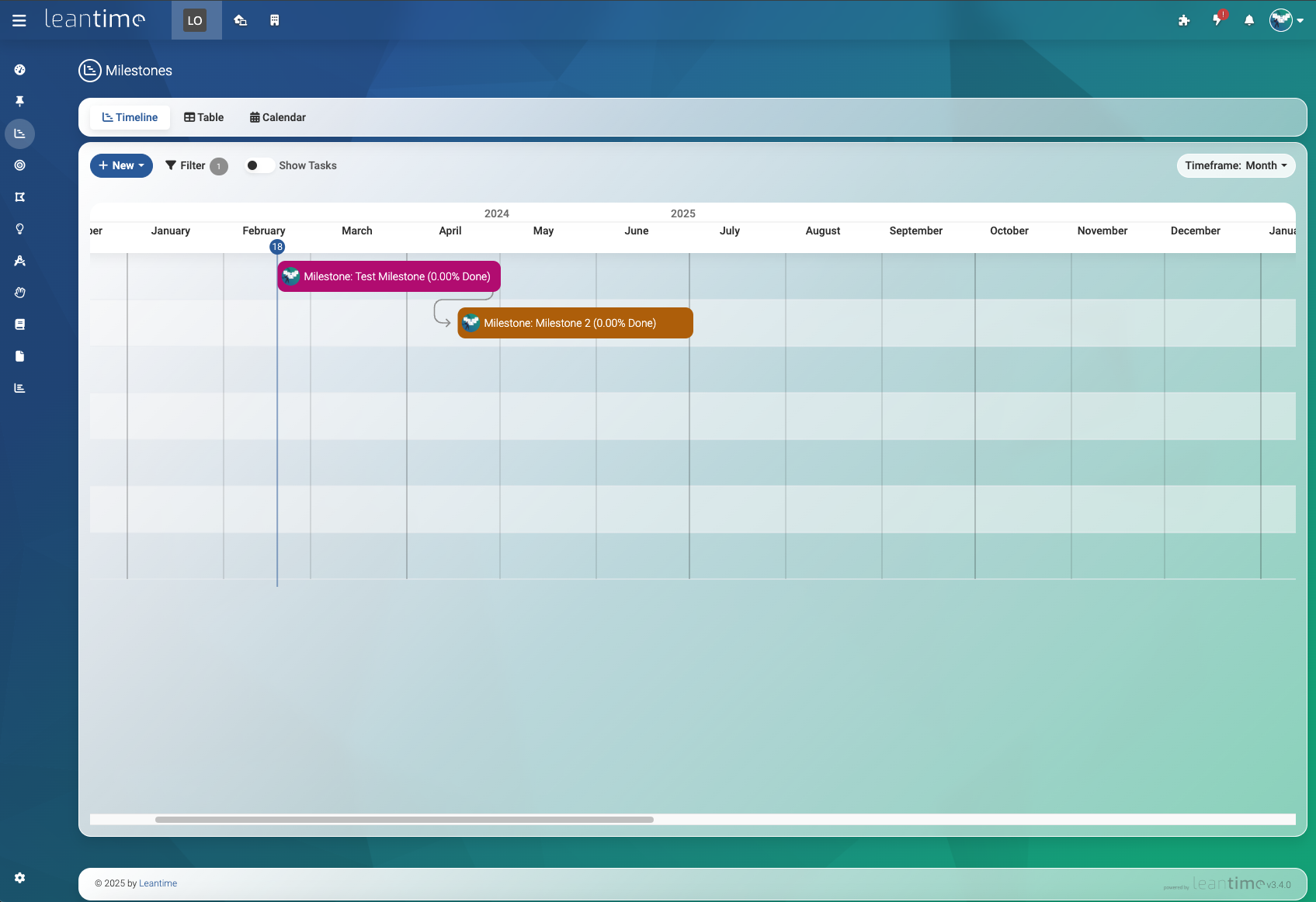 Screenshot of Leantime's timeline or gantt feature showing a timeline with various milestone boxes different in length representing how long these take. Each milestone has a different color and they are connected with an arrow