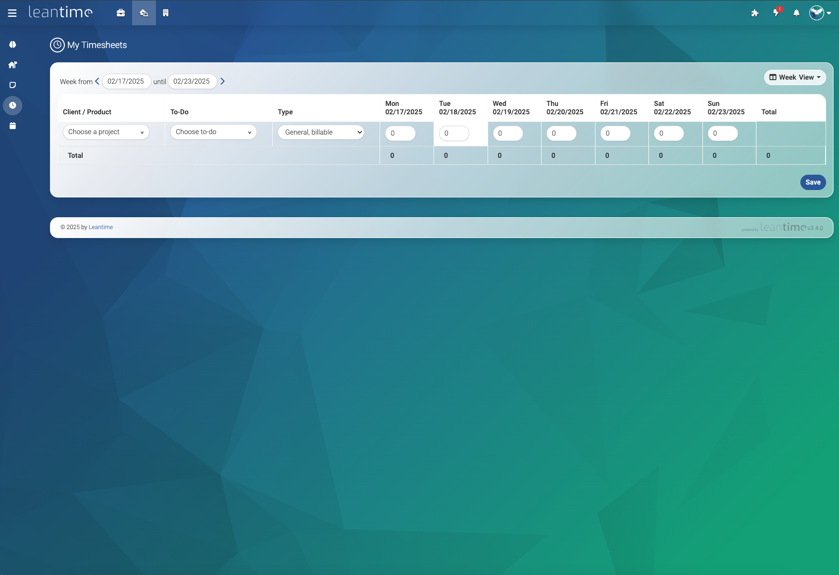 Screenshot of Leantime's timesheet feature with a table a one week overview and input boxes for each day. Tasks are organized in rows