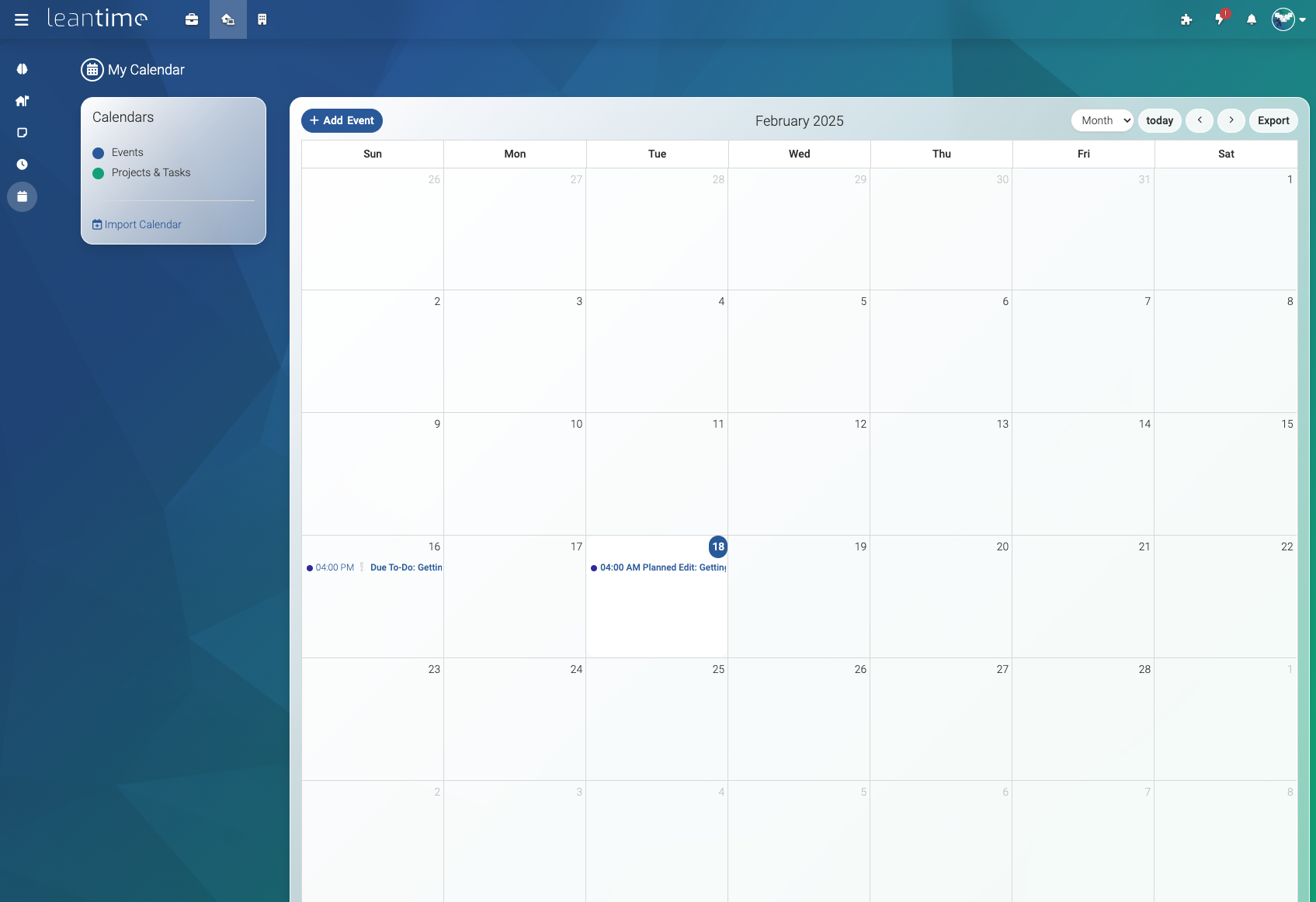 Screenshot of Leantime's personal calendar screen showing a month overview with a few tasks