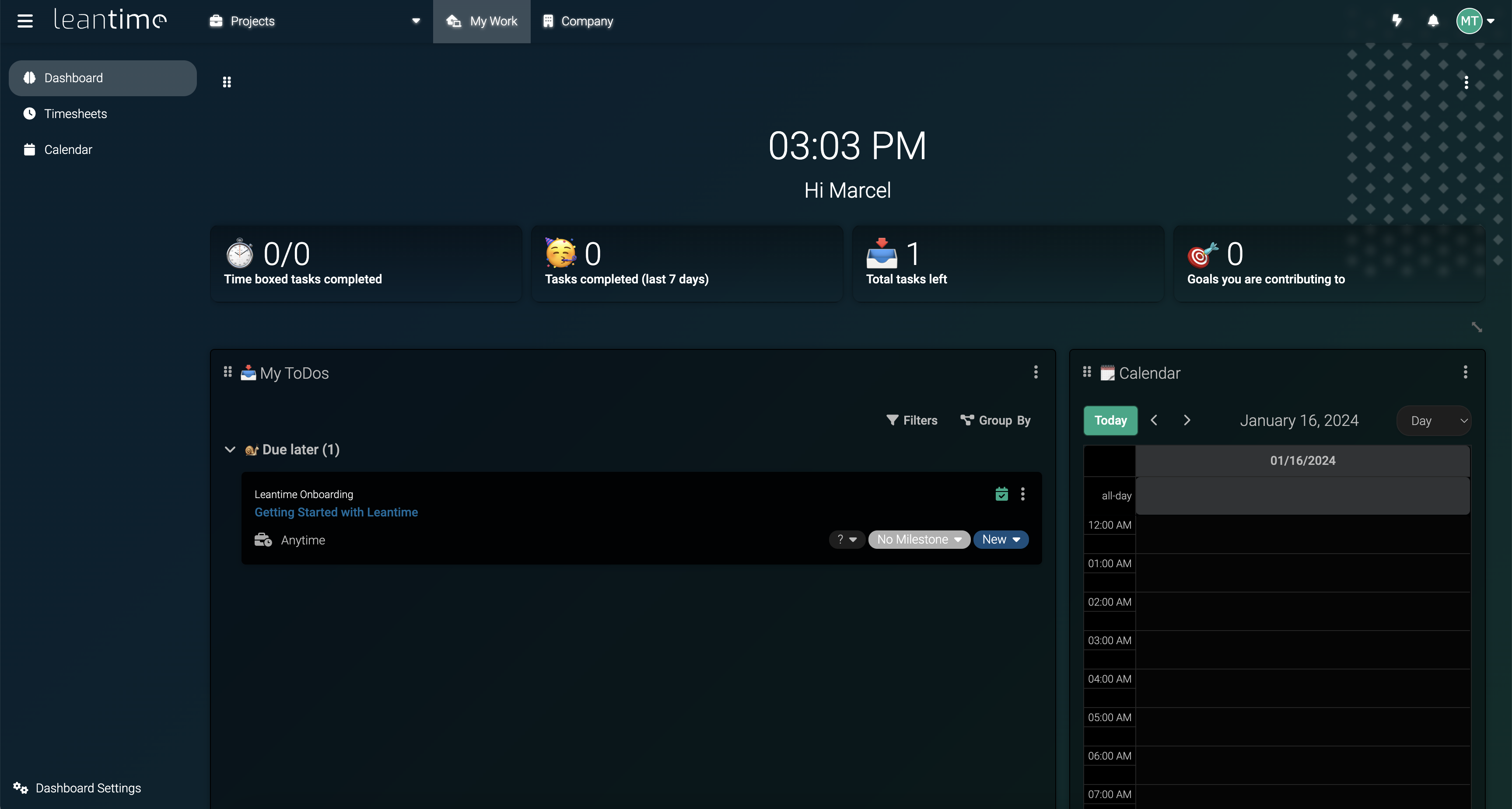 Screenshot of Leantime's my work dashboard but with a dark color scheme. All colors are darkened or reverted