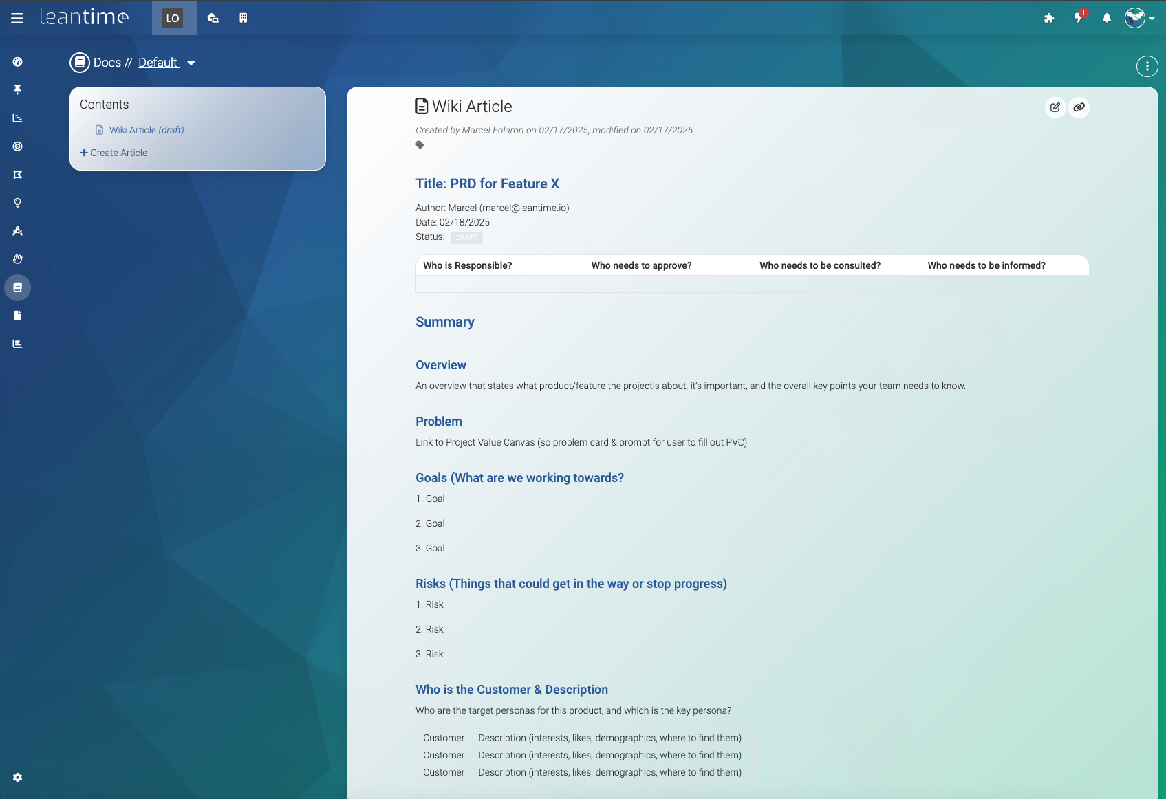 Screenshot of Leantime's wiki page showing one template article of a product requirements document formatted with lists and tables