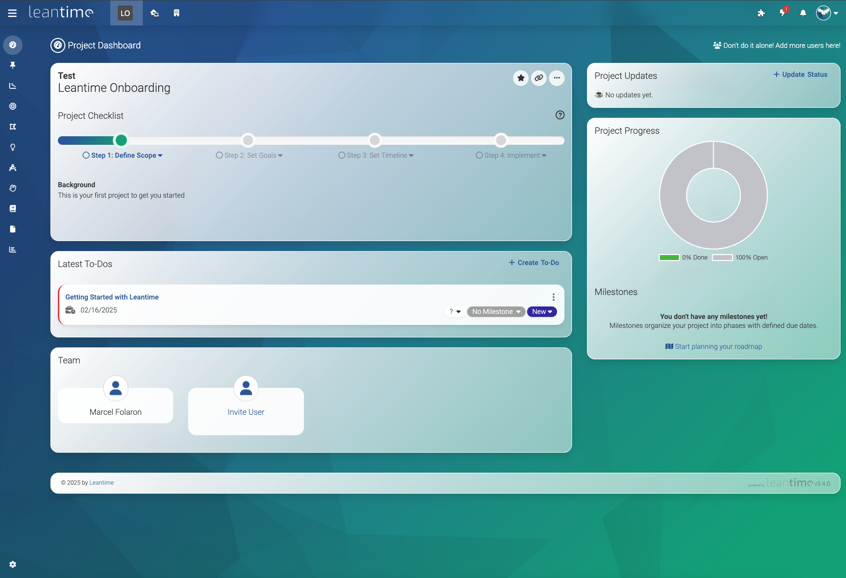 Screenshot of Leantime's project dashboard showing a project checklist that has the first box checked, the latest tasks (1 right now), a progress donut chart at 0%