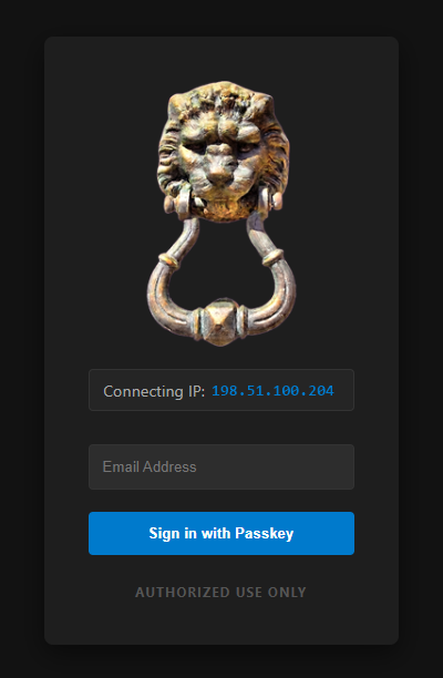 Login page showing the connecting IP address above an email field and a Sign in with Passkey button