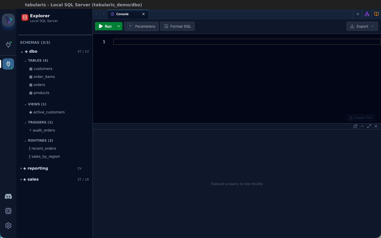 SQL Server schema browser with tables, views, routines, and triggers