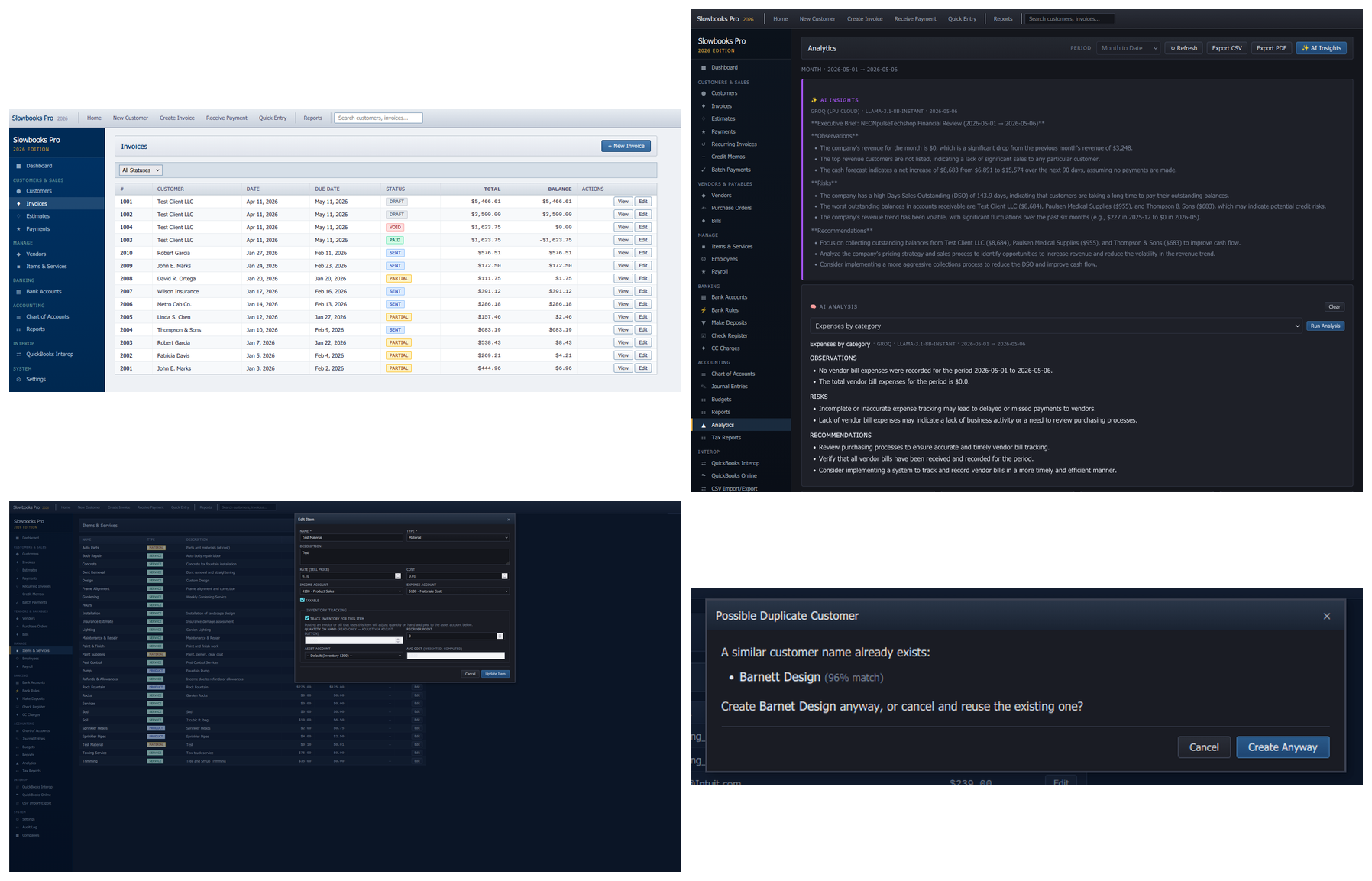 Invoicing, analytics, inventory, and duplicate detection
