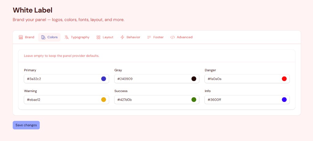 Colors settings — primary, gray, danger, warning, success, info