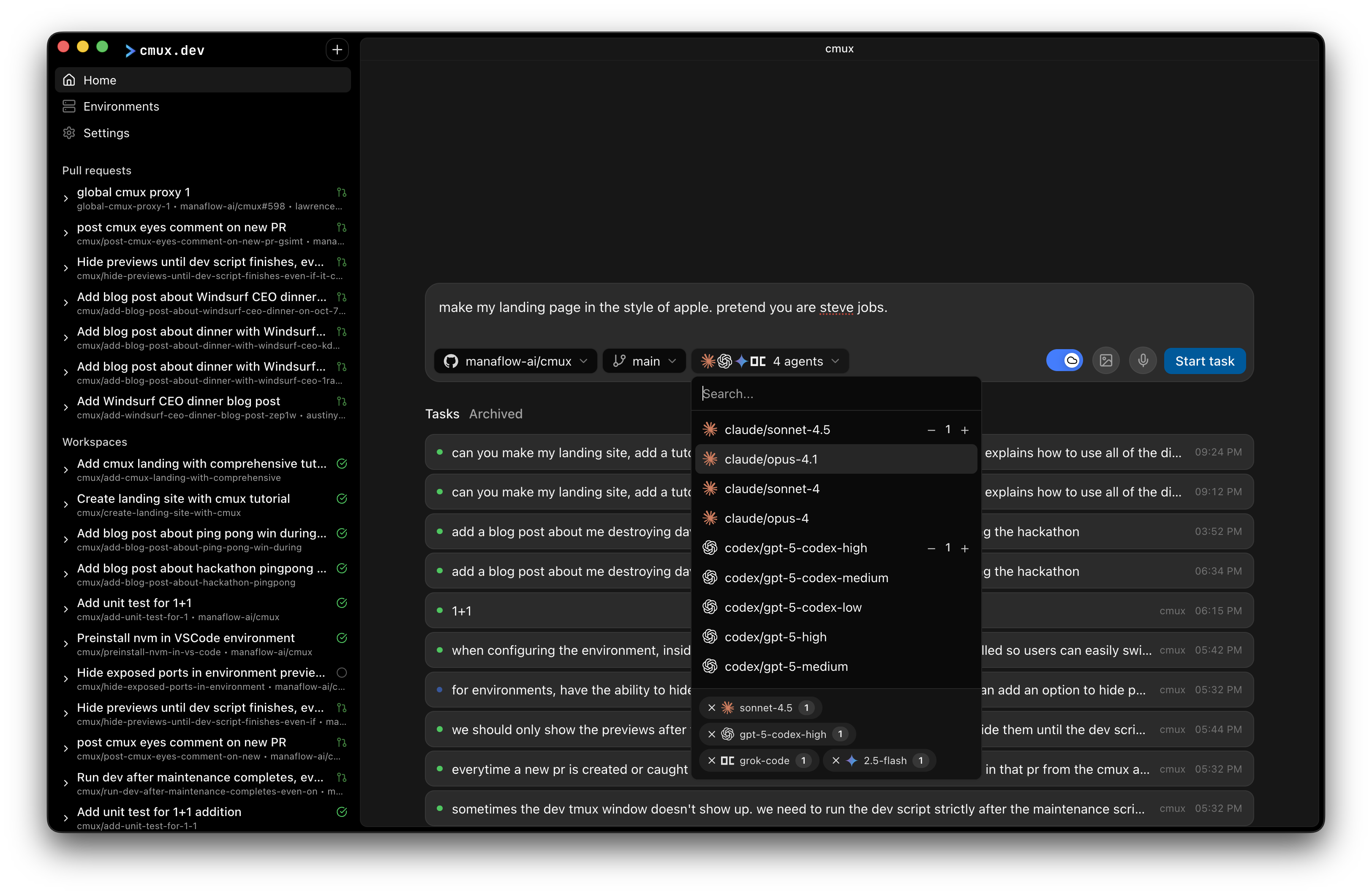 Task dashboard with agent selection
