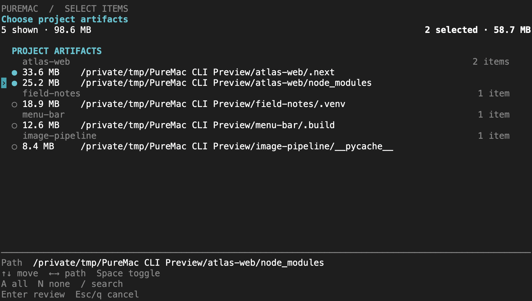PureMac CLI with individual selections and a running size total