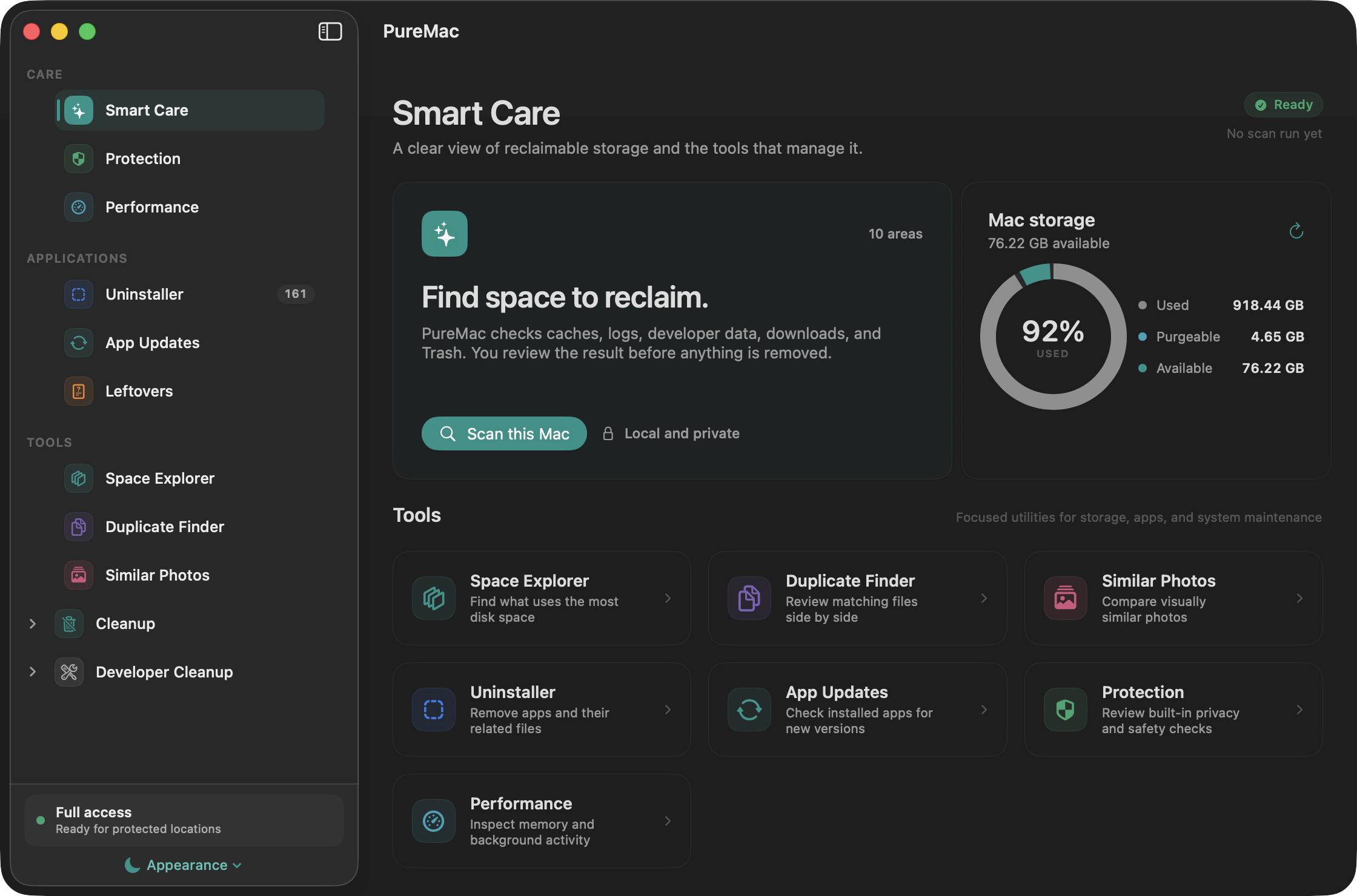 PureMac Smart Care in dark appearance