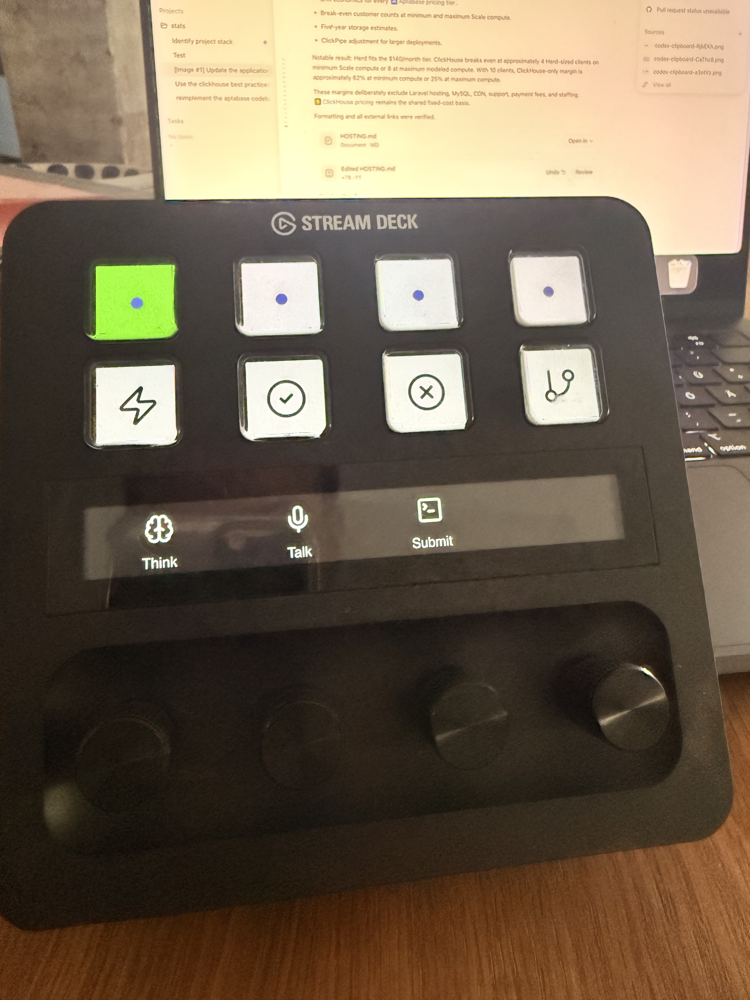 A Stream Deck + running the emulator: the top row shows four agent keys (one green, three idle white with a purple dot), the bottom row shows the Fast, Approve, Reject and Split action icons, and the LCD strip is labelled Think / Talk / Submit above the dials.