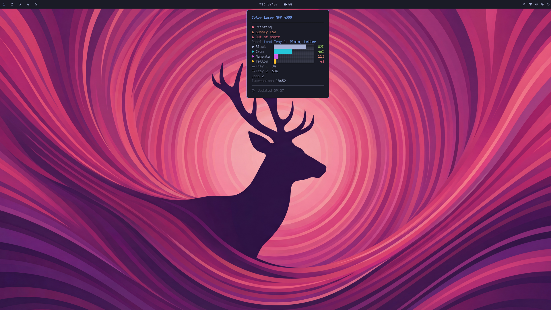 printbar in Waybar: the bar face and the printer tooltip