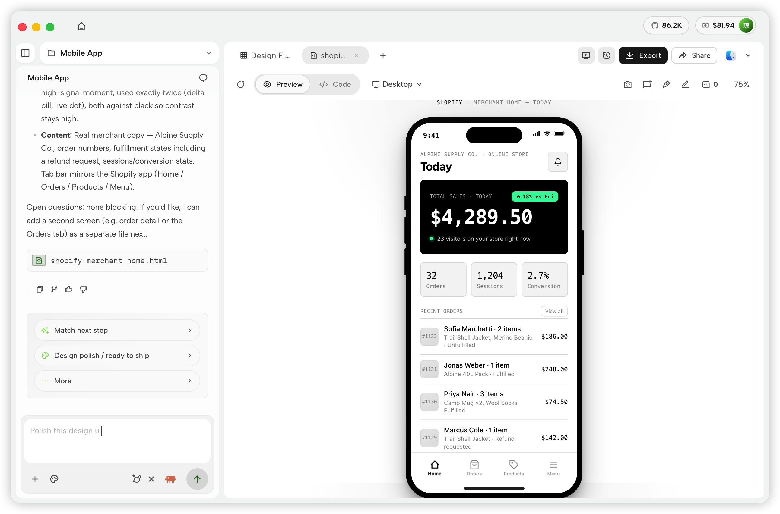 Mobile app artifact preview in OpenDesign Studio