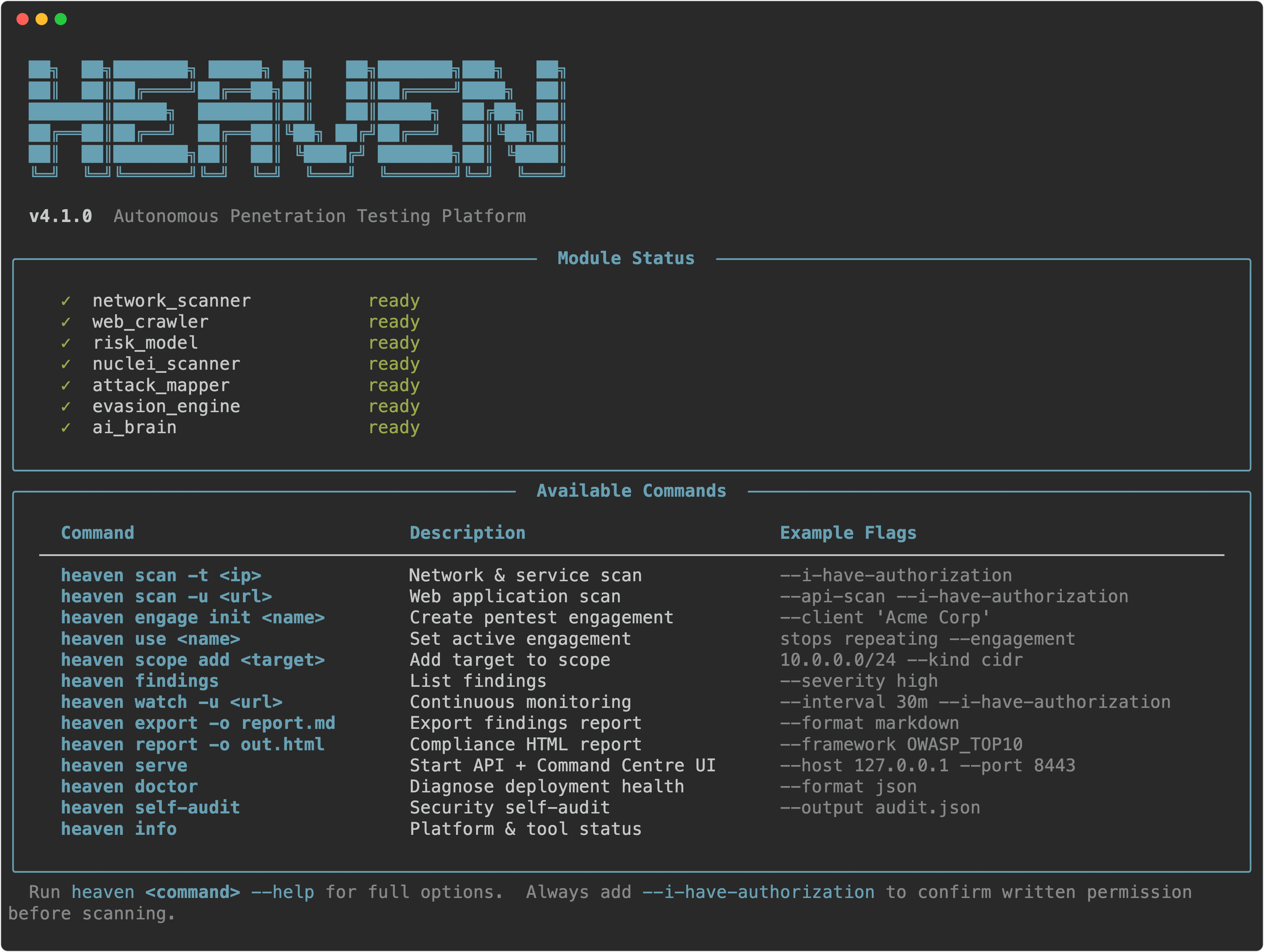 heaven CLI dashboard: module status + live command reference (v4.1.0)