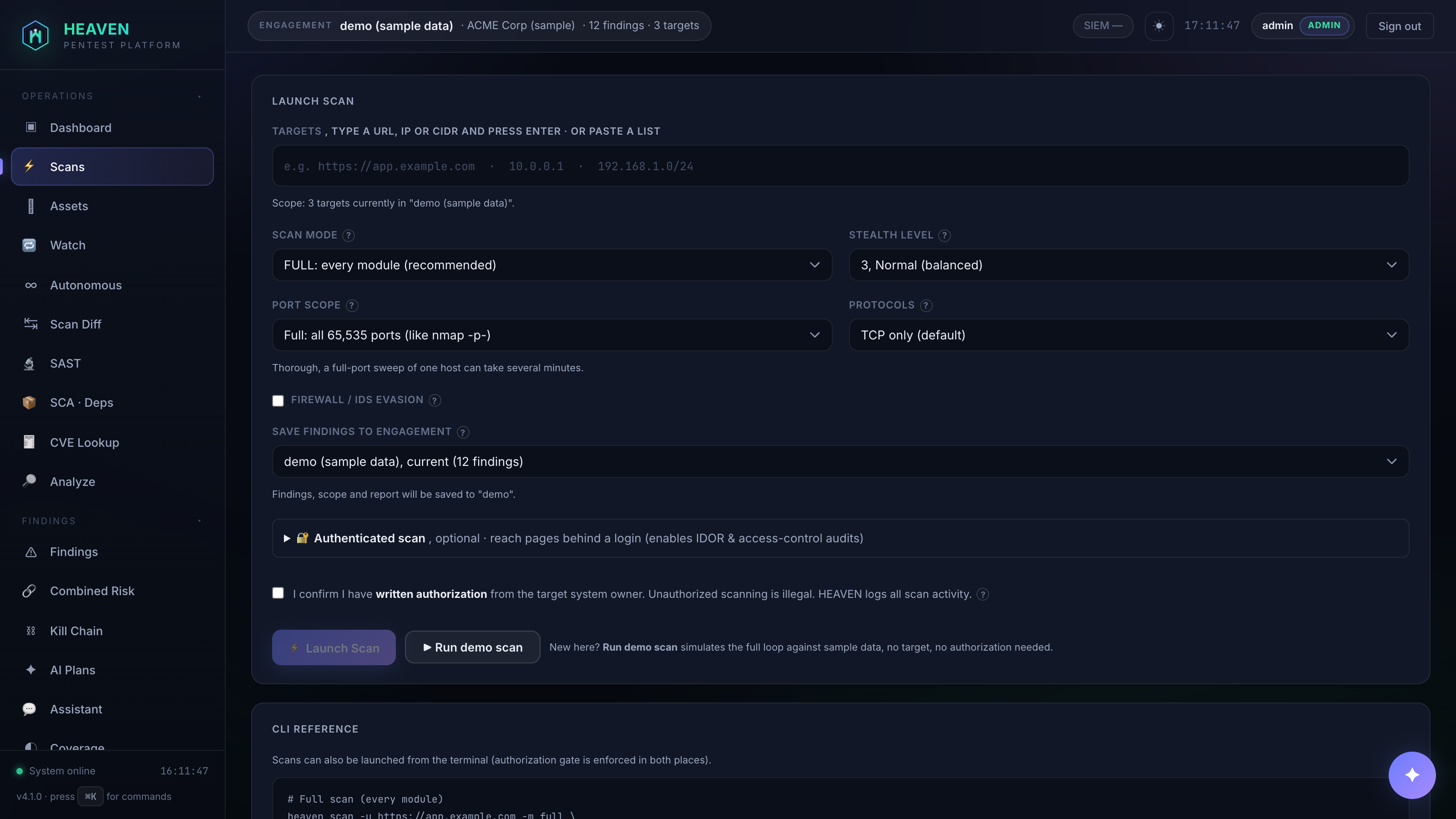 Scans page: guided scan launcher with authorization gate + CLI reference