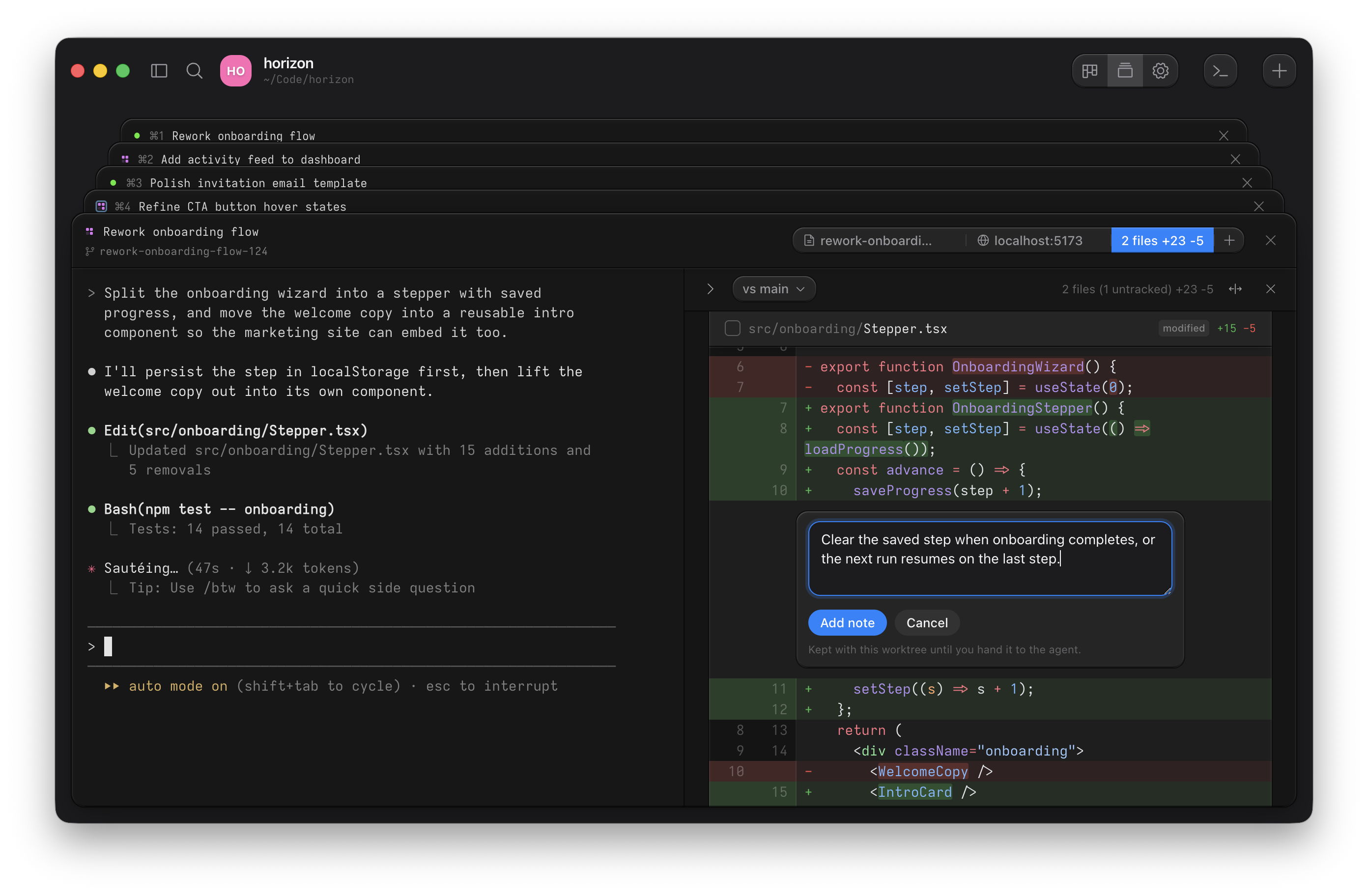 Worktree diff beside the agent terminal, with a note being written on a changed line
