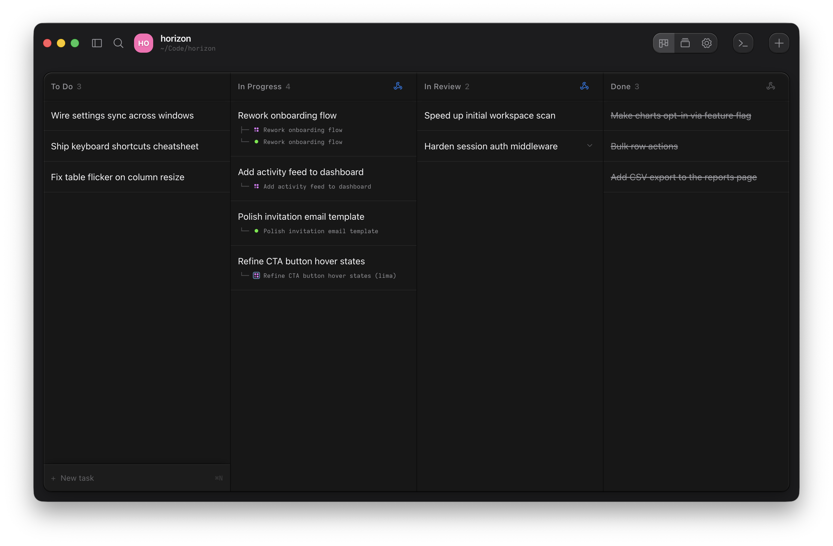 Kanban board with agent terminals attached to task cards