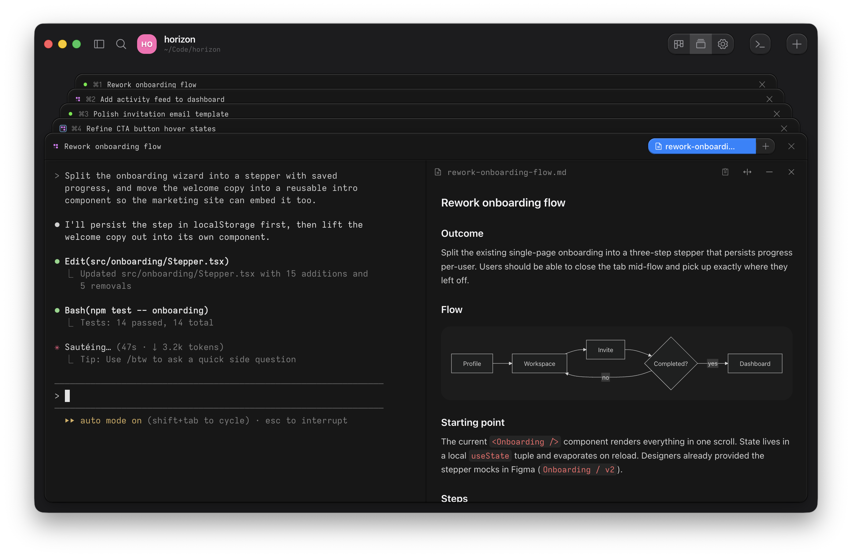 Agent terminal beside a rendered markdown plan