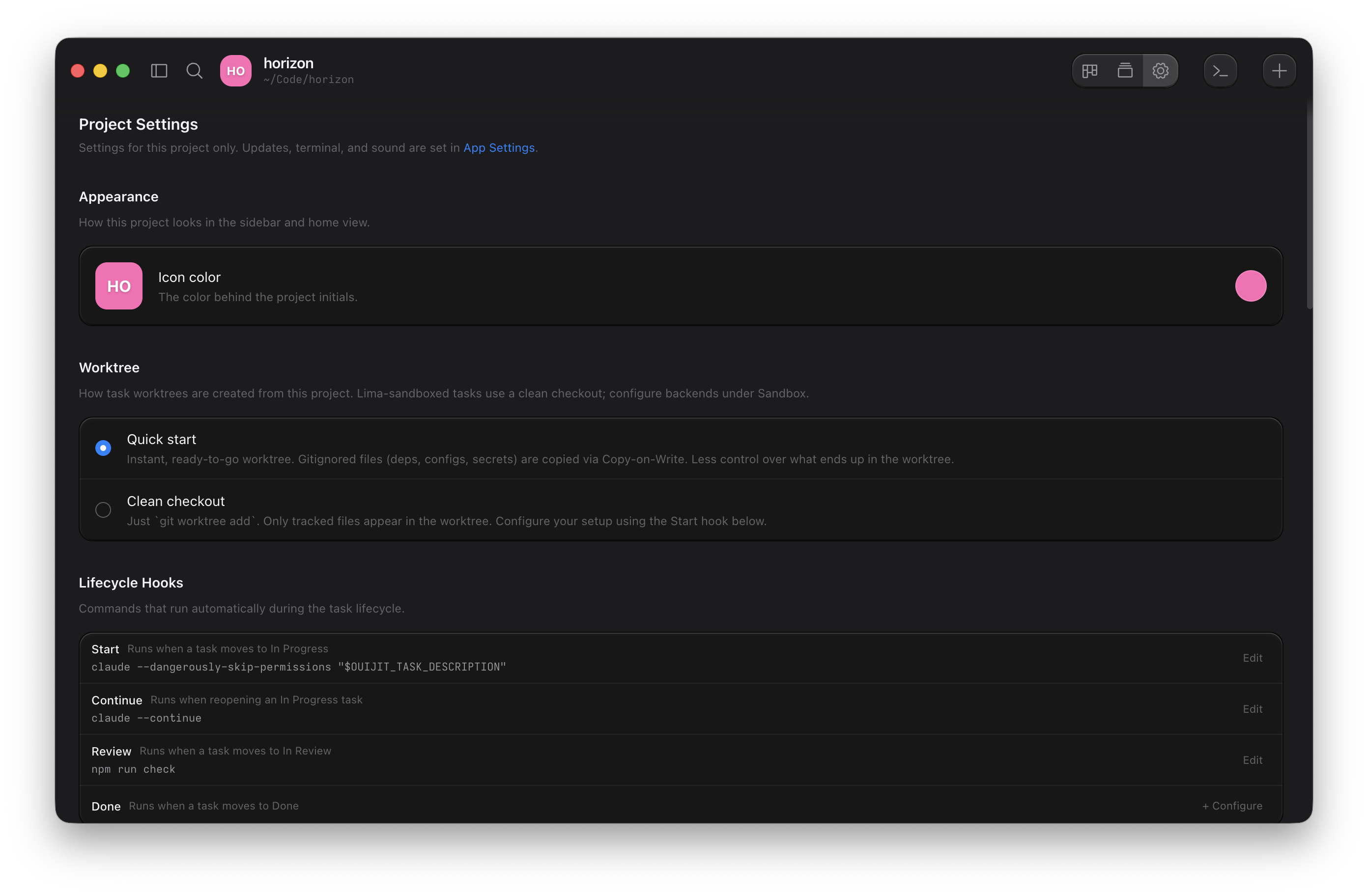 Project settings with hooks and scripts