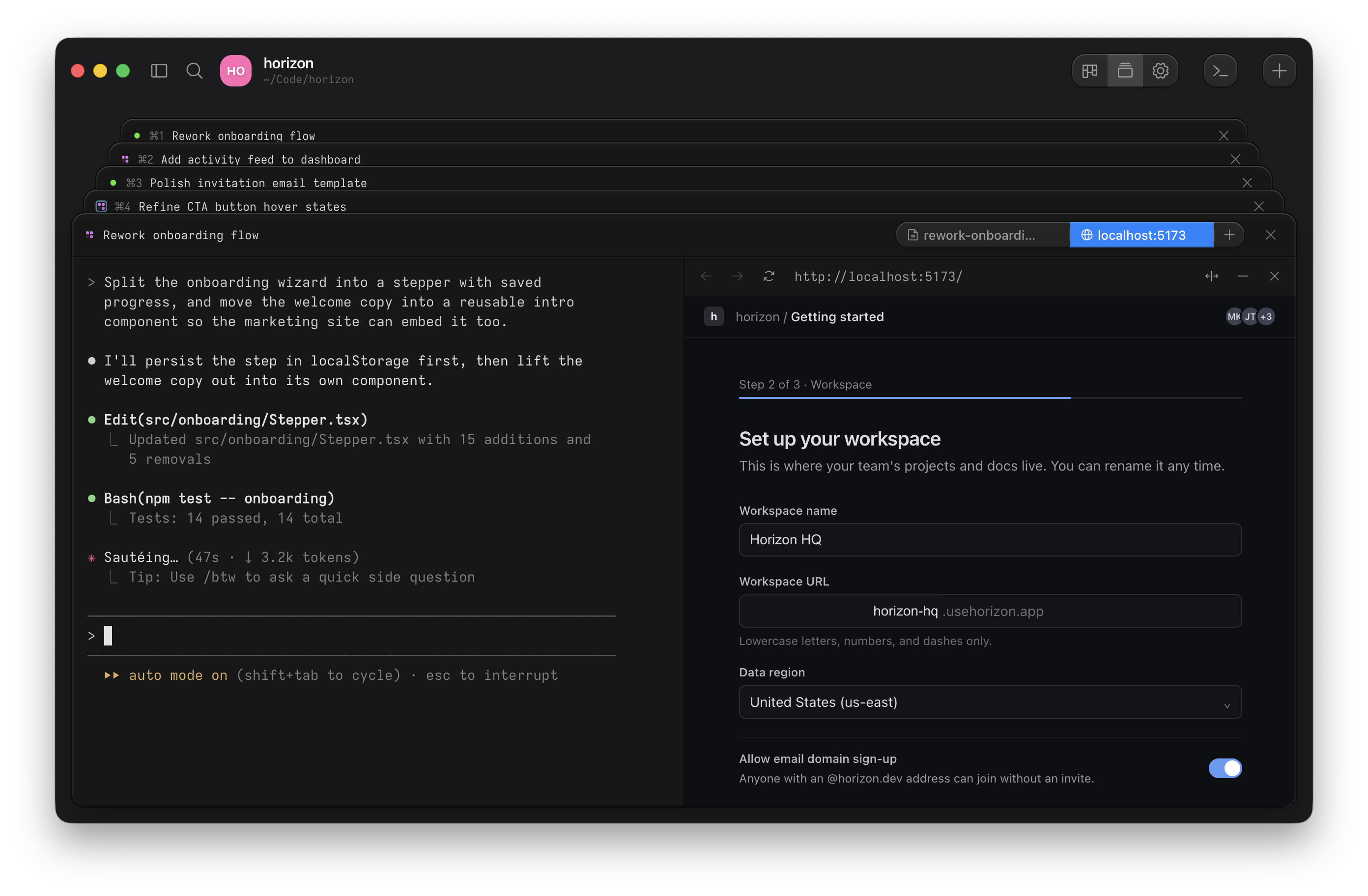 Agent terminal beside a web preview of the app it is building