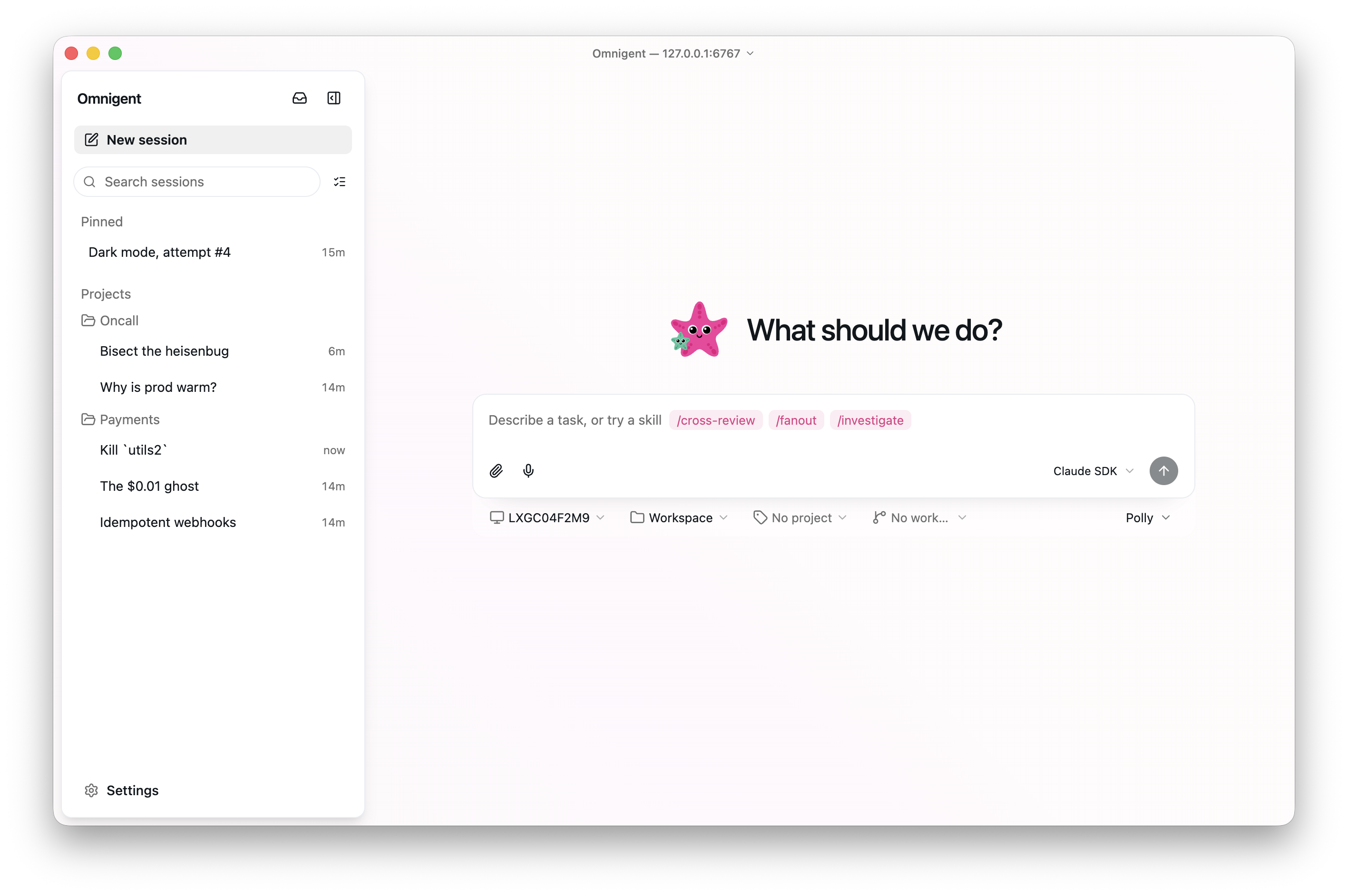 The Omnigent desktop app: starting a new session, with pinned and project-grouped sessions in the sidebar