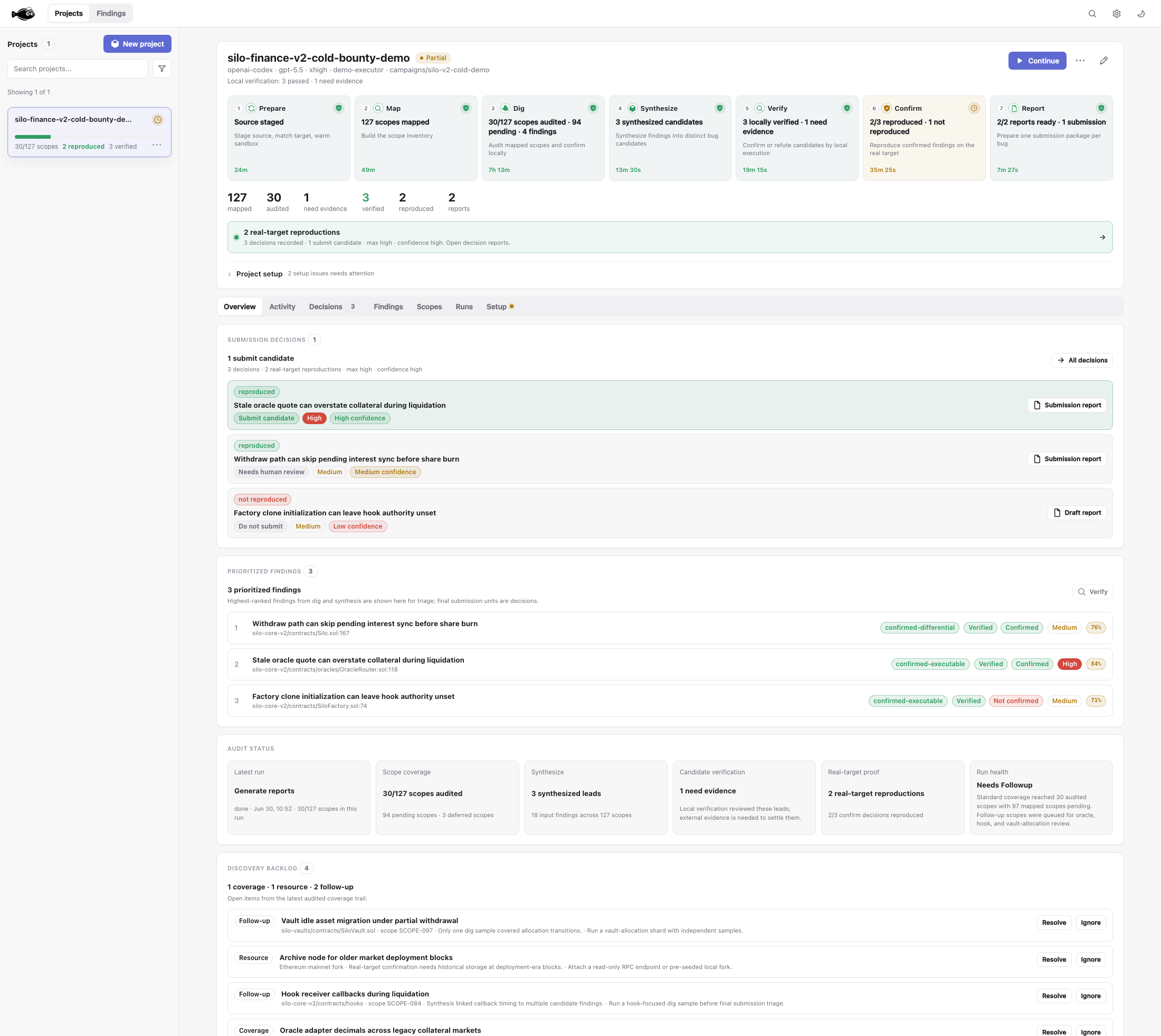 Flounder dashboard showing a running audit workflow, live activity, findings, and report status.