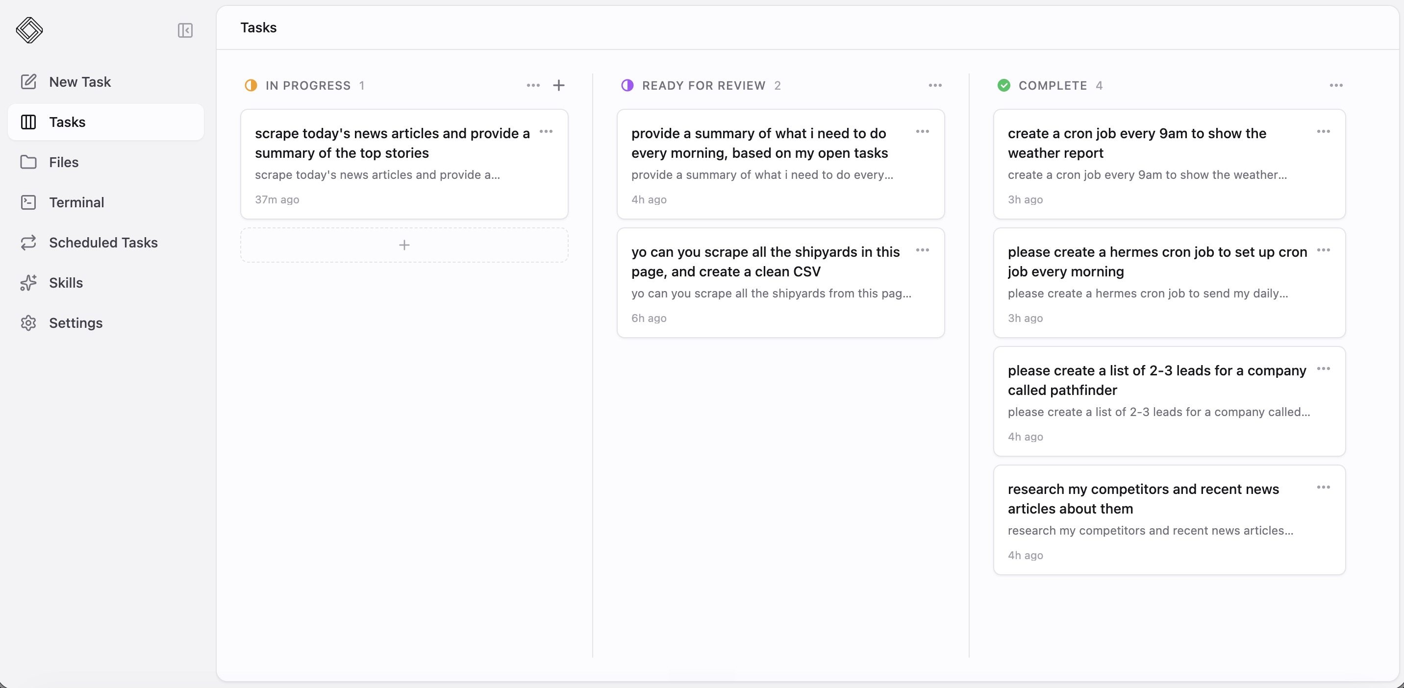 Kanban board of tasks