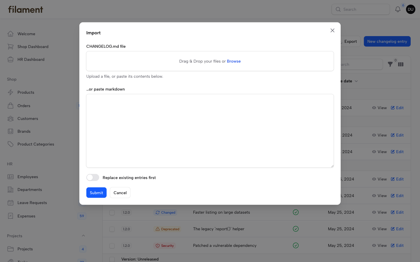 Import a CHANGELOG.md