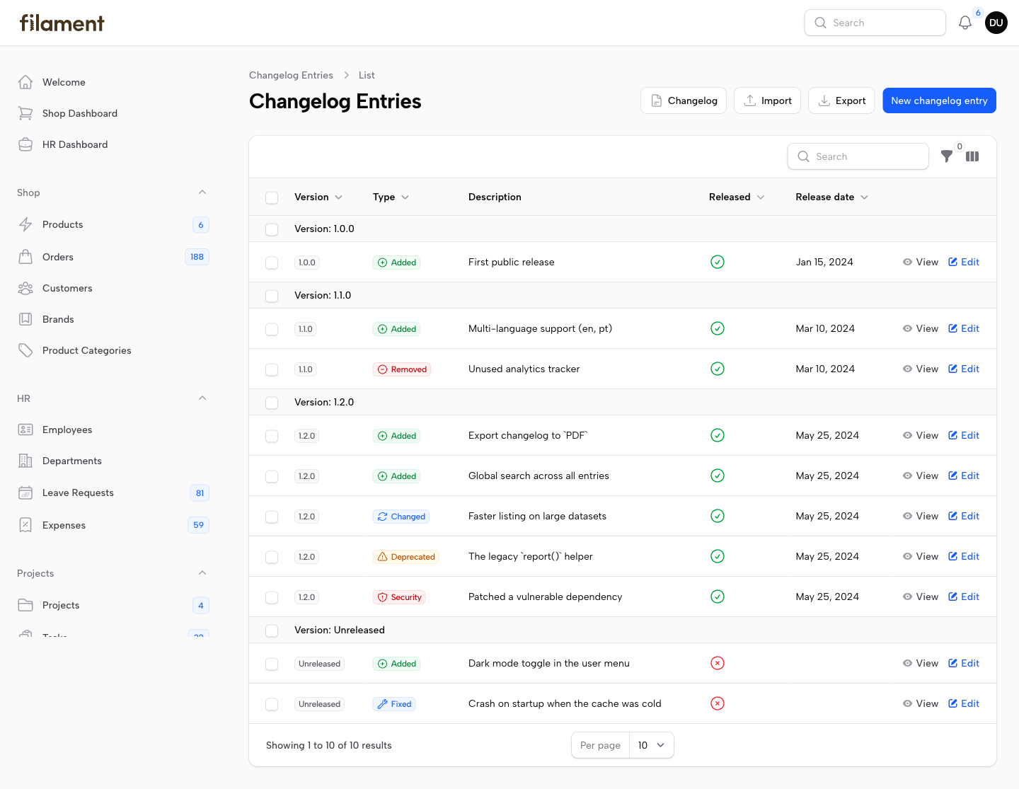Changelog management table