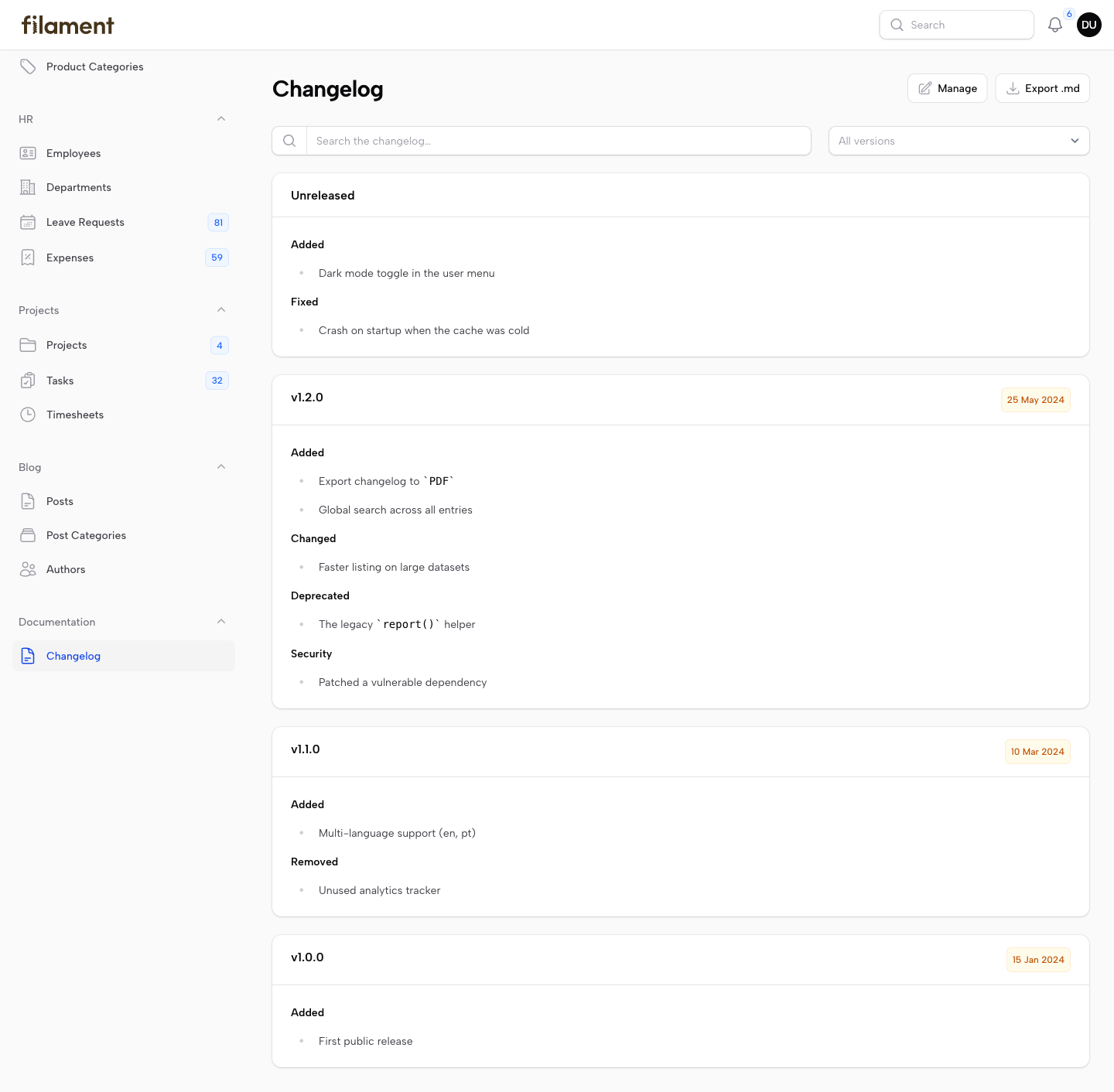 Changelog reader page
